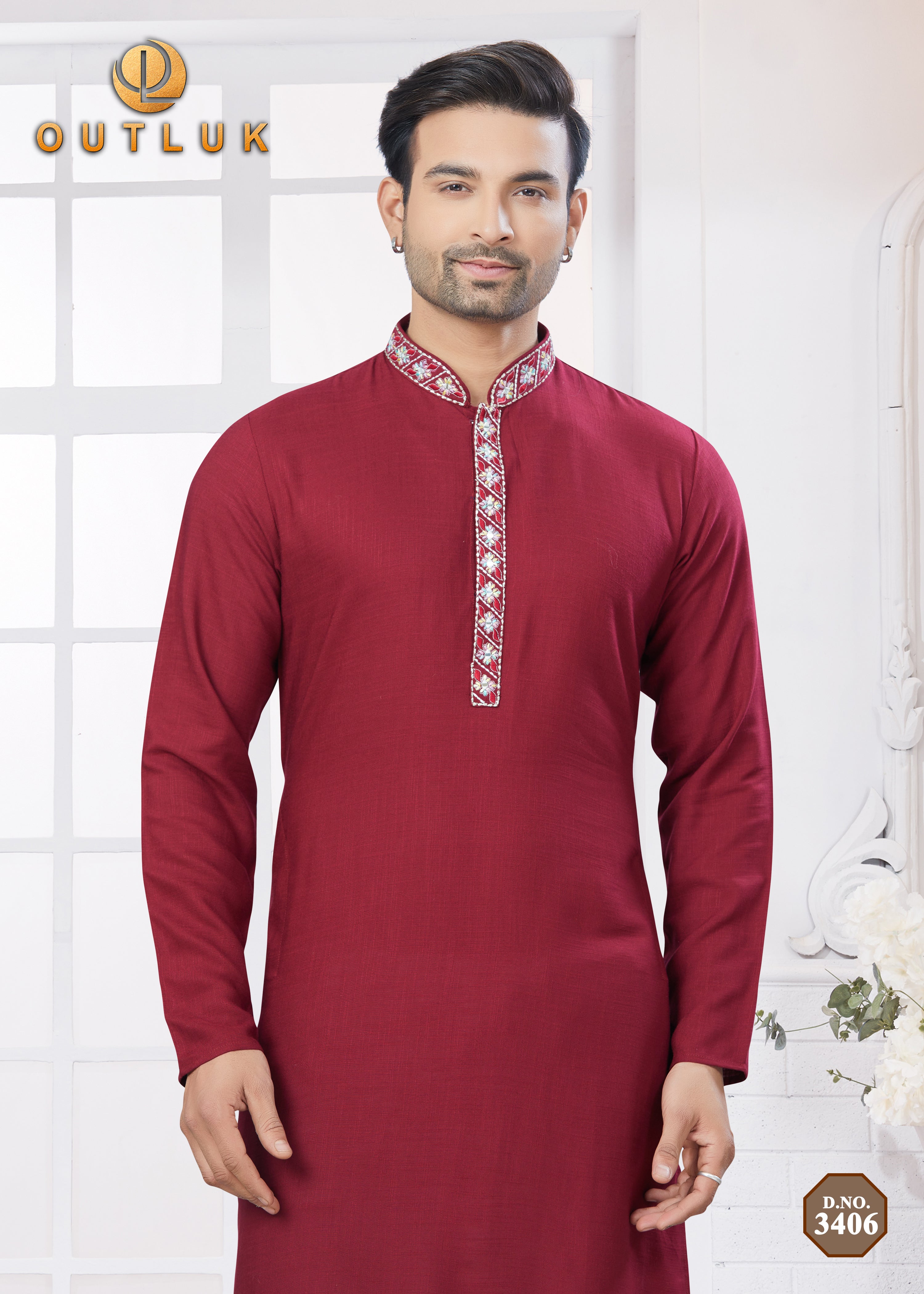 Red Cotton Mens Kurta Pajama 3406.