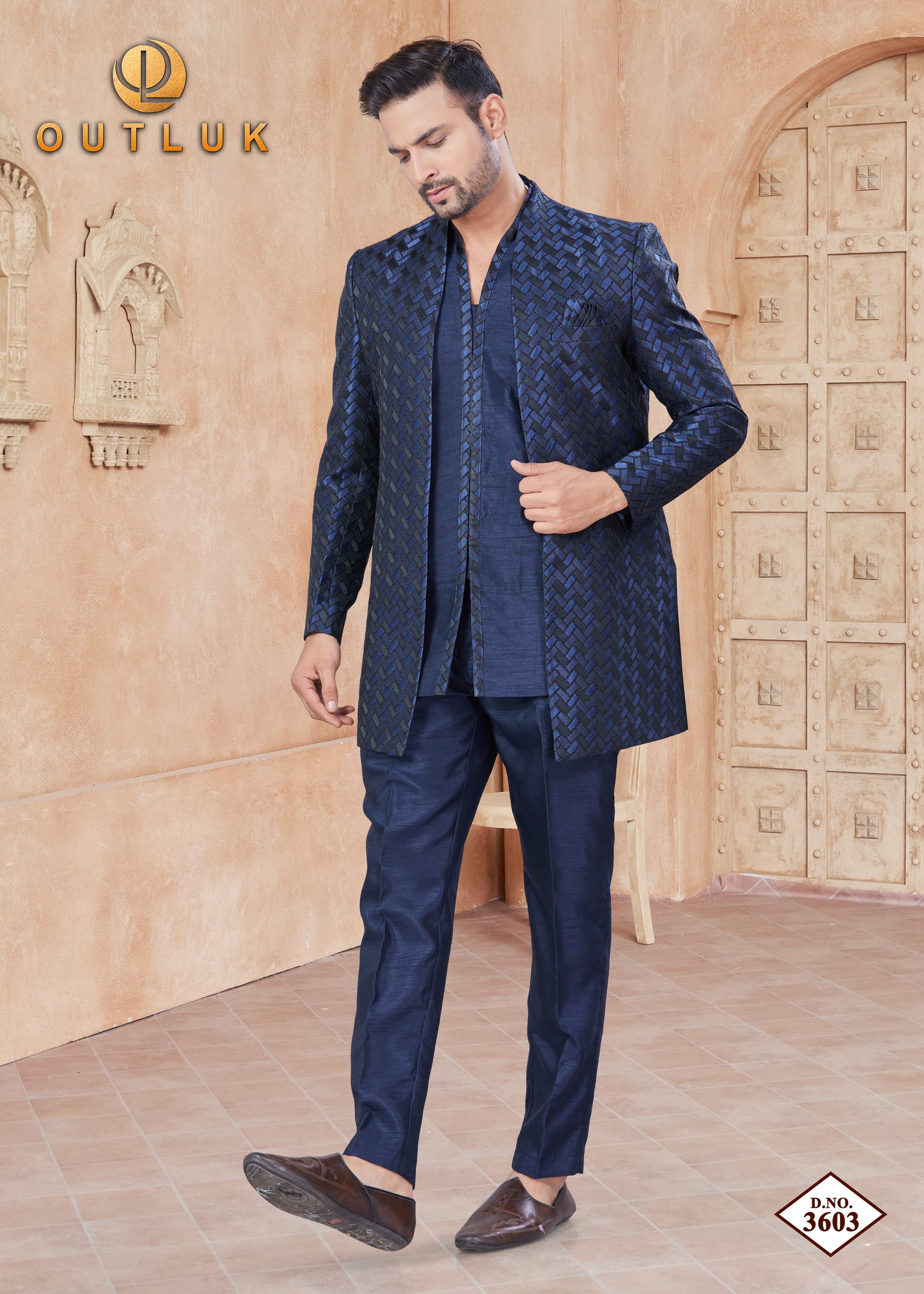 Navy Blue Silk Mens Indo Western 3603