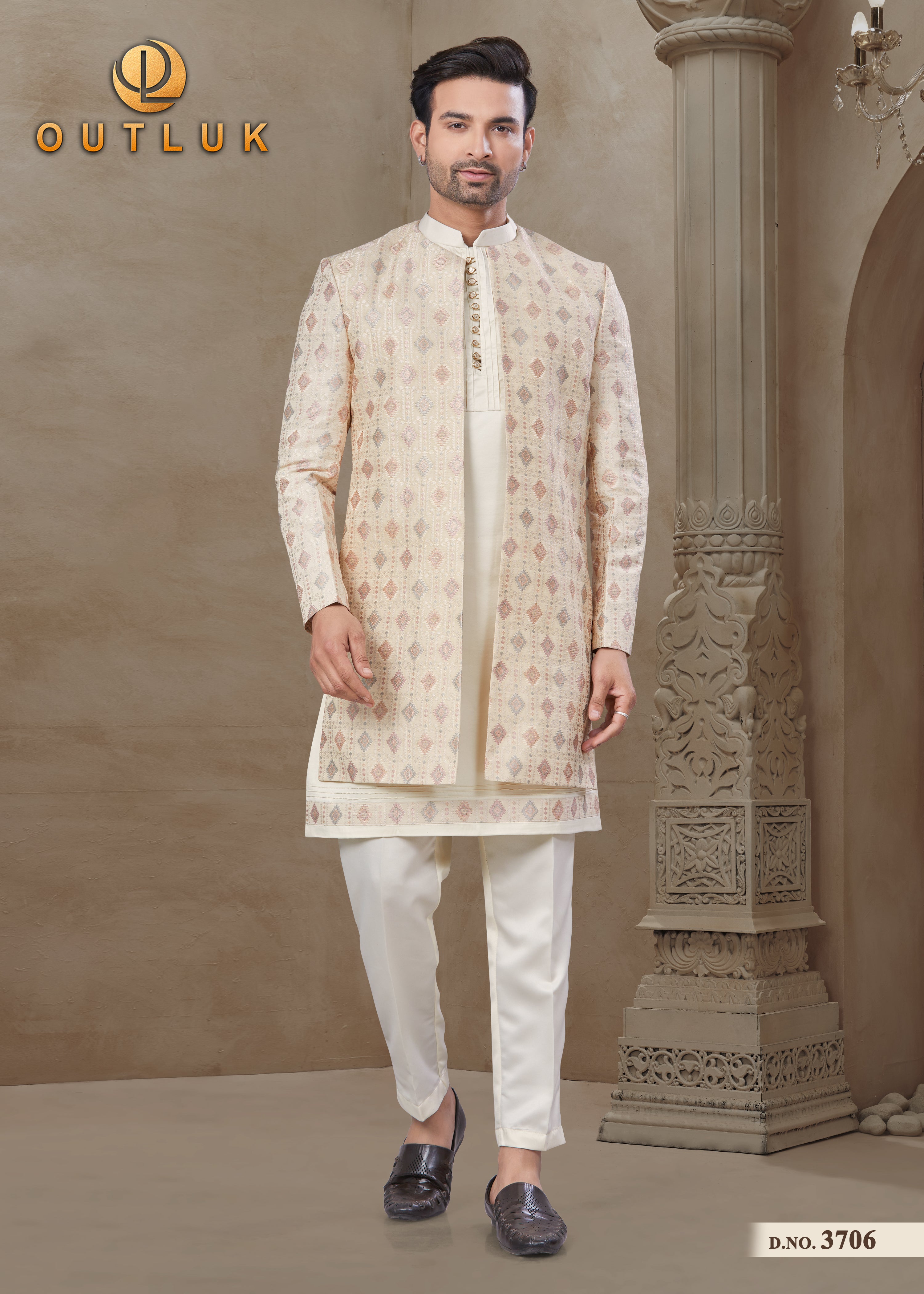 Cream Silk Mens Indo Western 3706