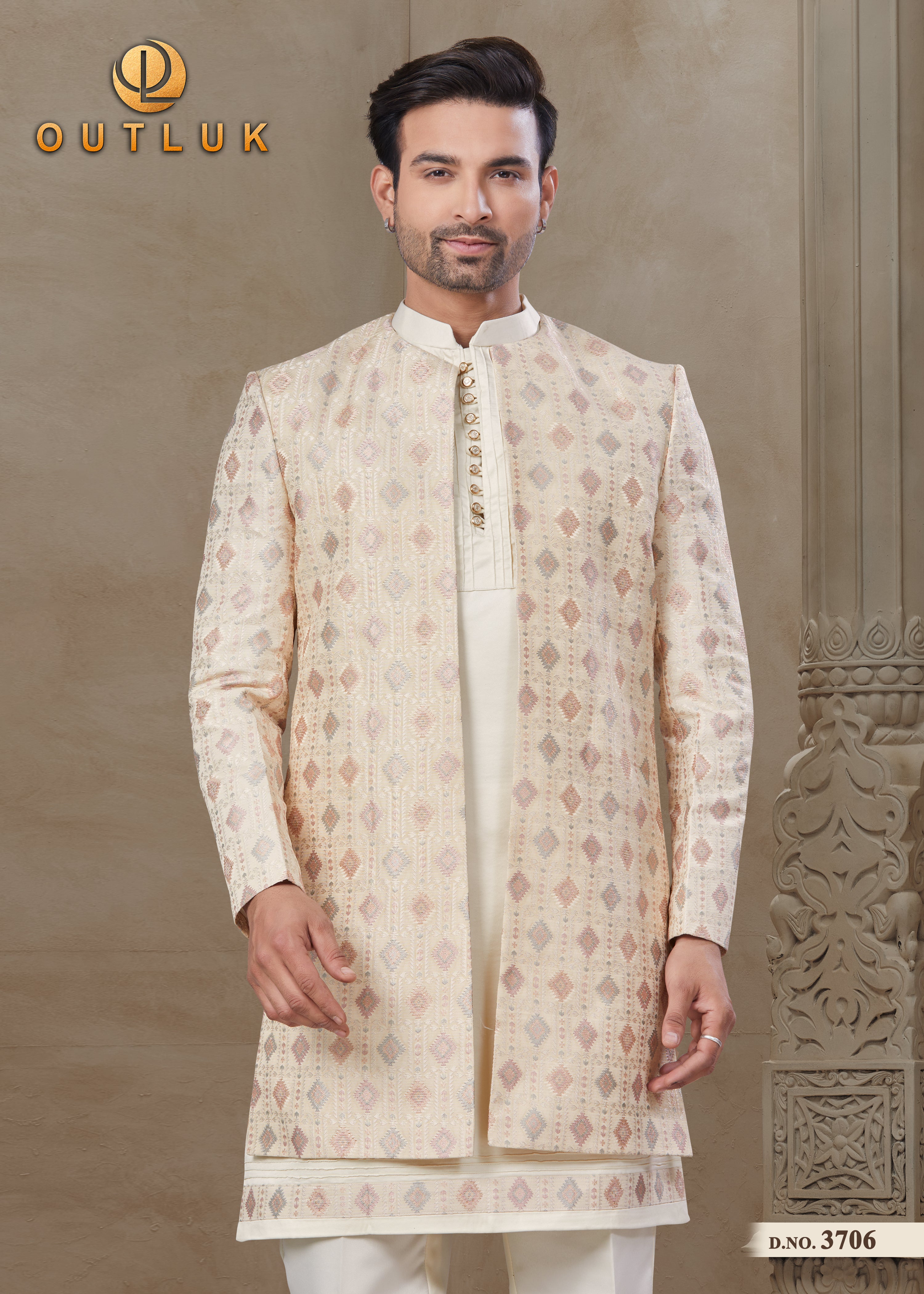 Cream Silk Mens Indo Western 3706
