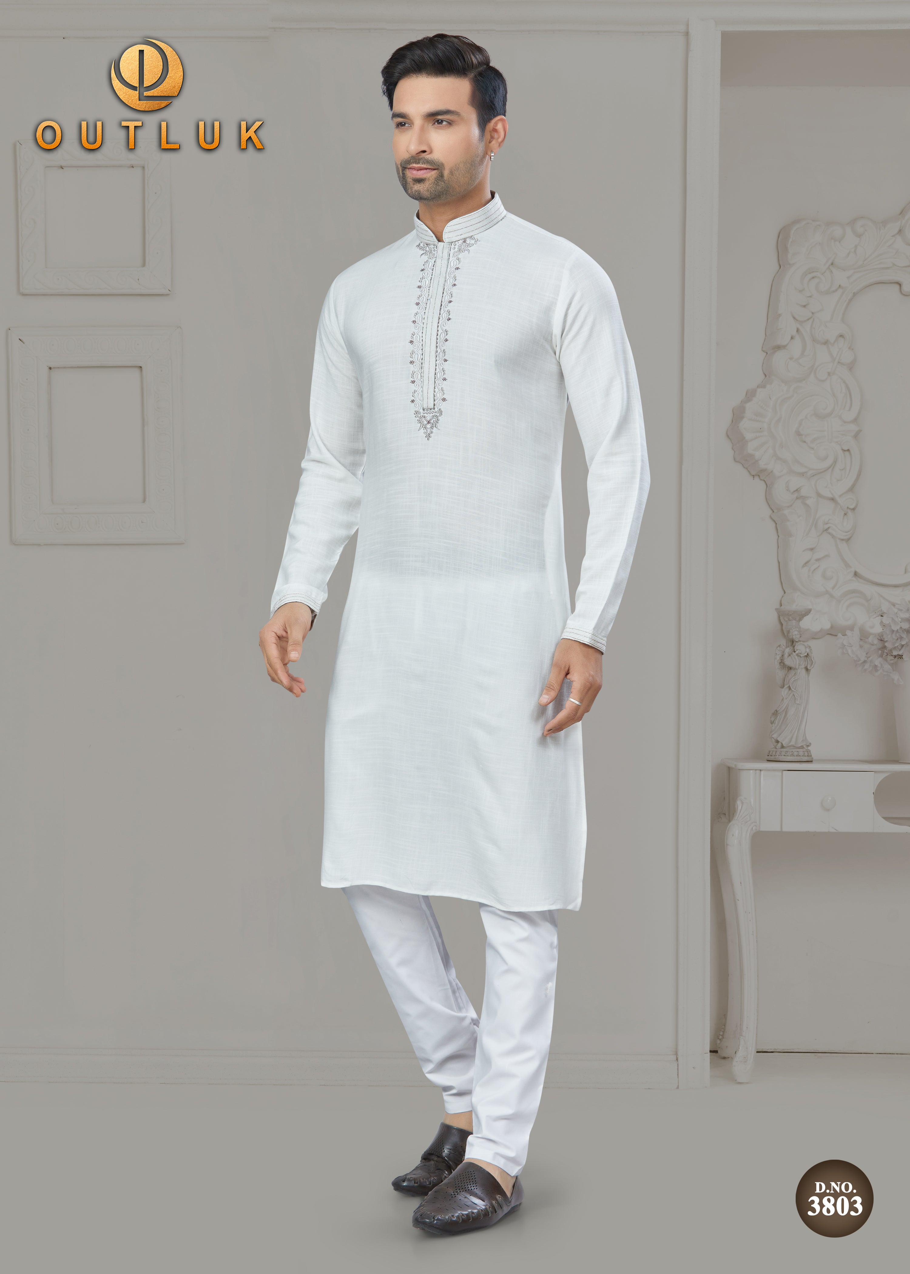 White Cotton Mens Kurta Pajama 3803