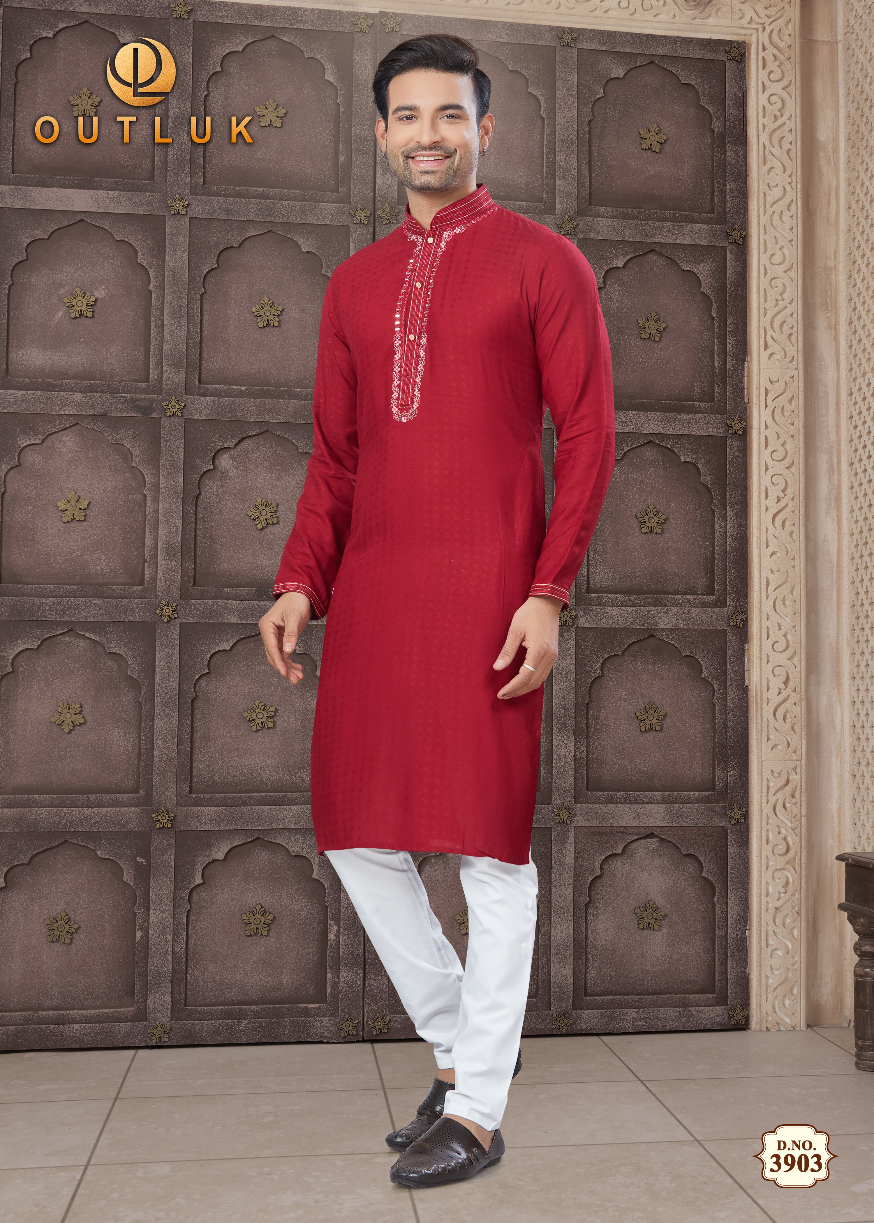Red Cotton Mens Kurta Pajama 3903