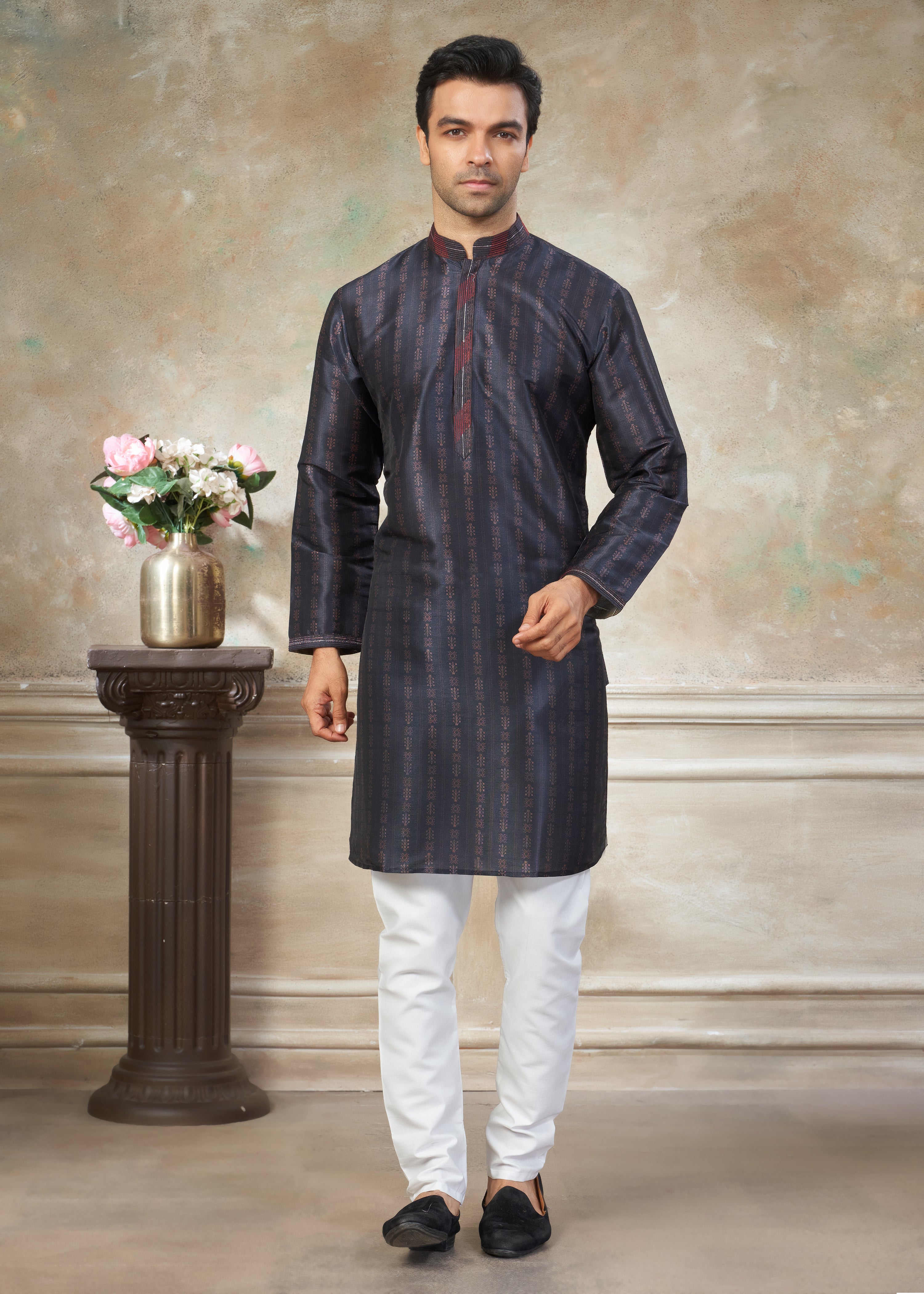 Navy Blue color Premium Silk Digital Print kurta with Raymond Cotton Pajama 40002