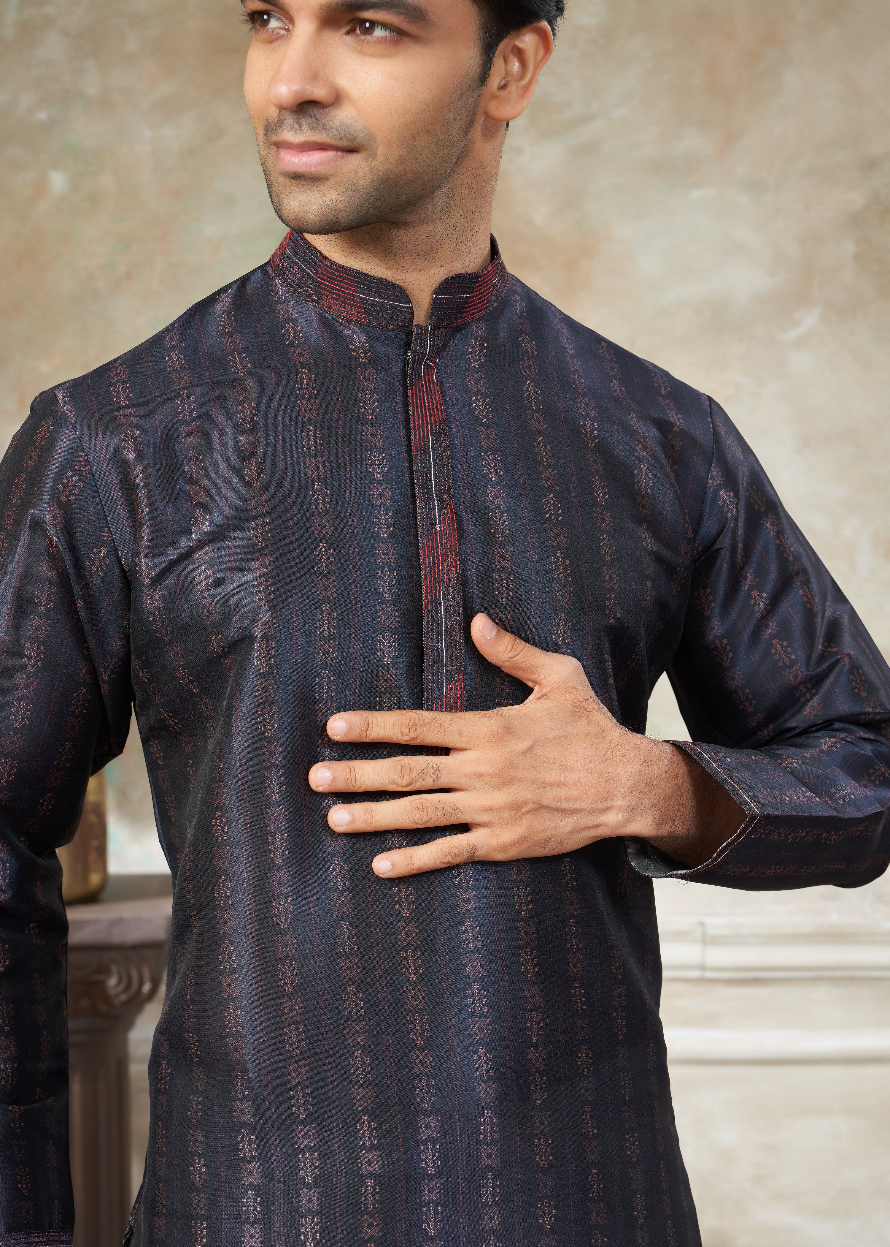 Navy Blue color Premium Silk Digital Print kurta with Raymond Cotton Pajama 40002