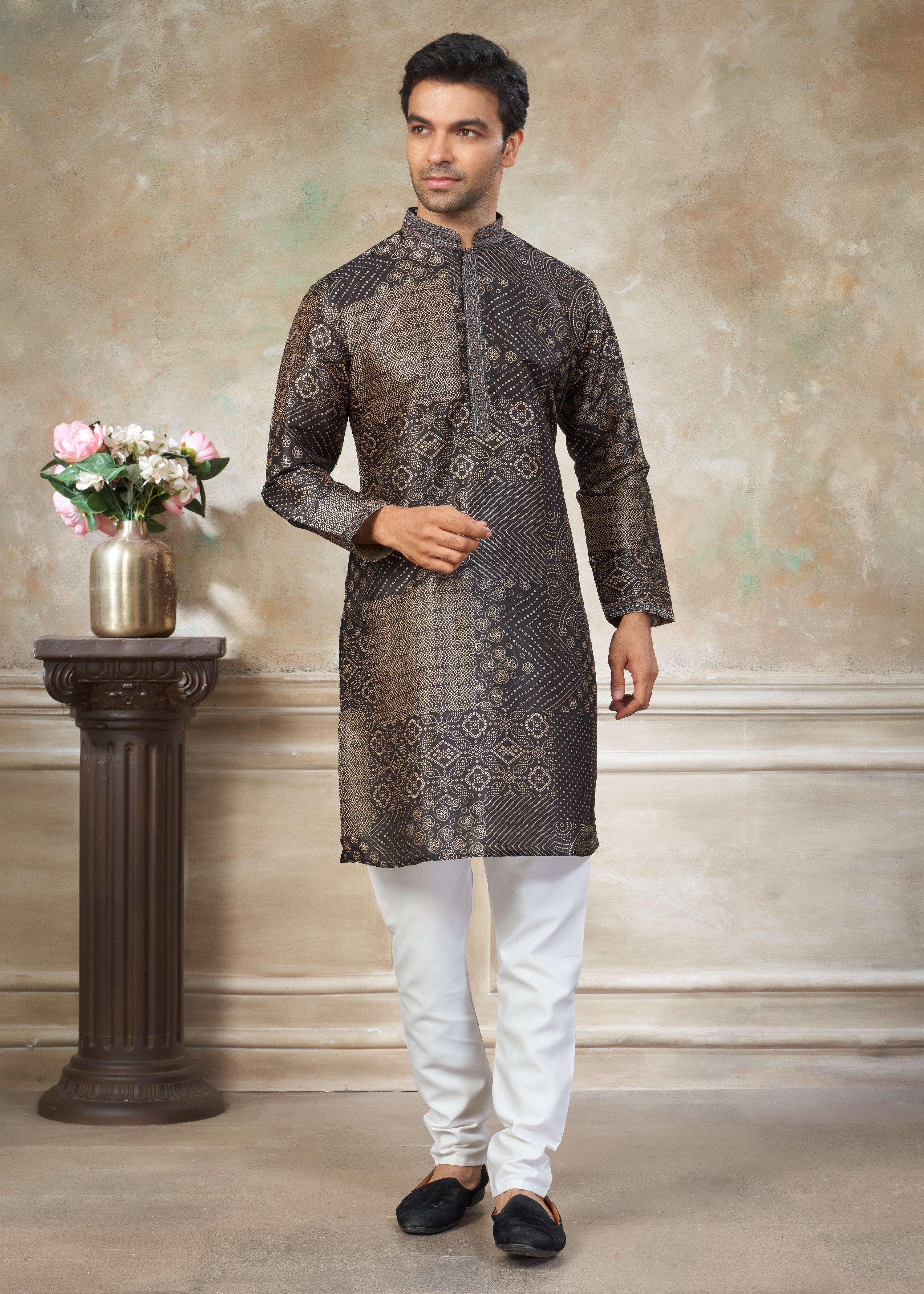 Black color Premium Silk Digital Print kurta with Raymond Cotton Pajama 40003