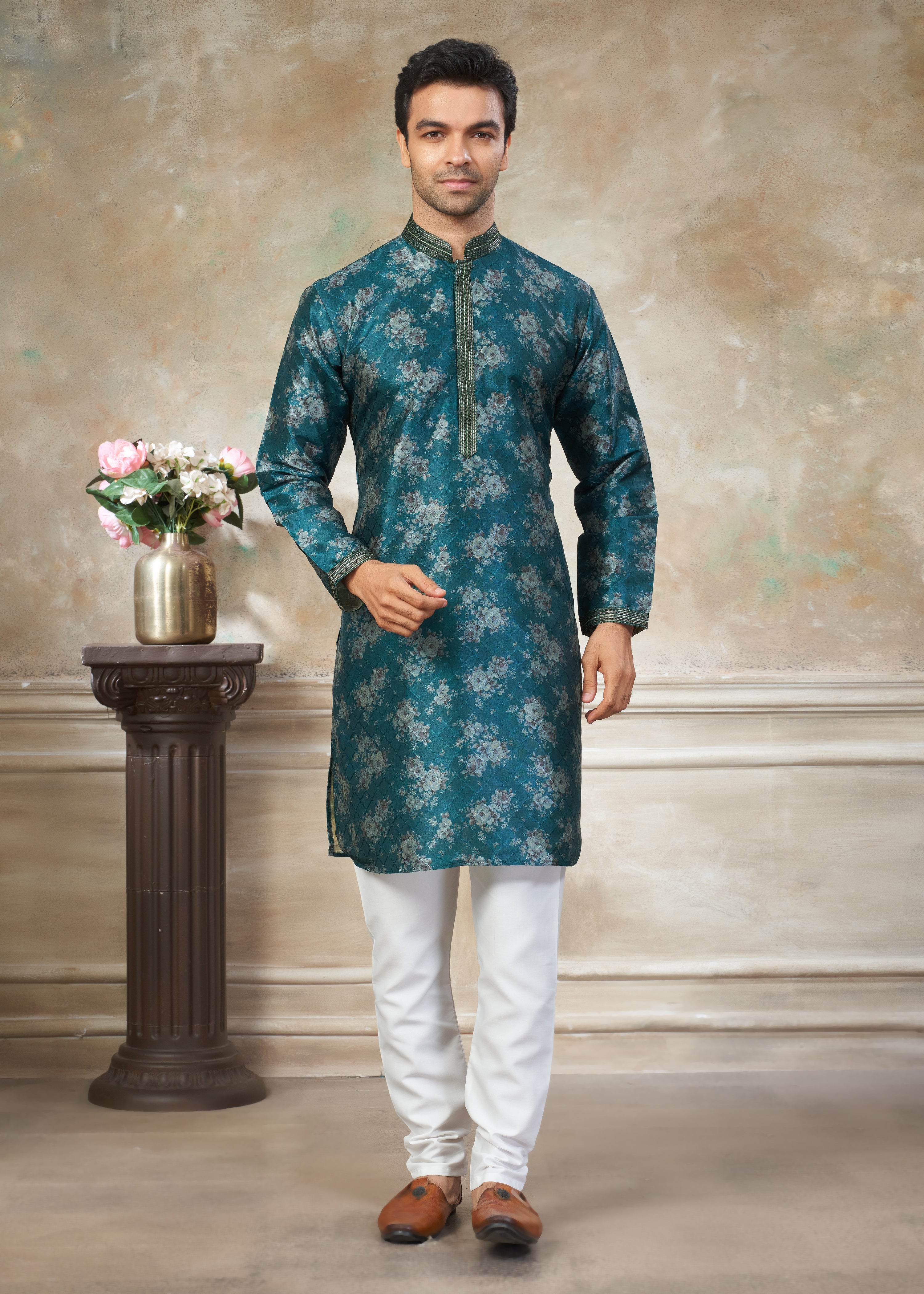 Teal blue color Premium Silk Digital Print kurta with Raymond Cotton Pajama 40004