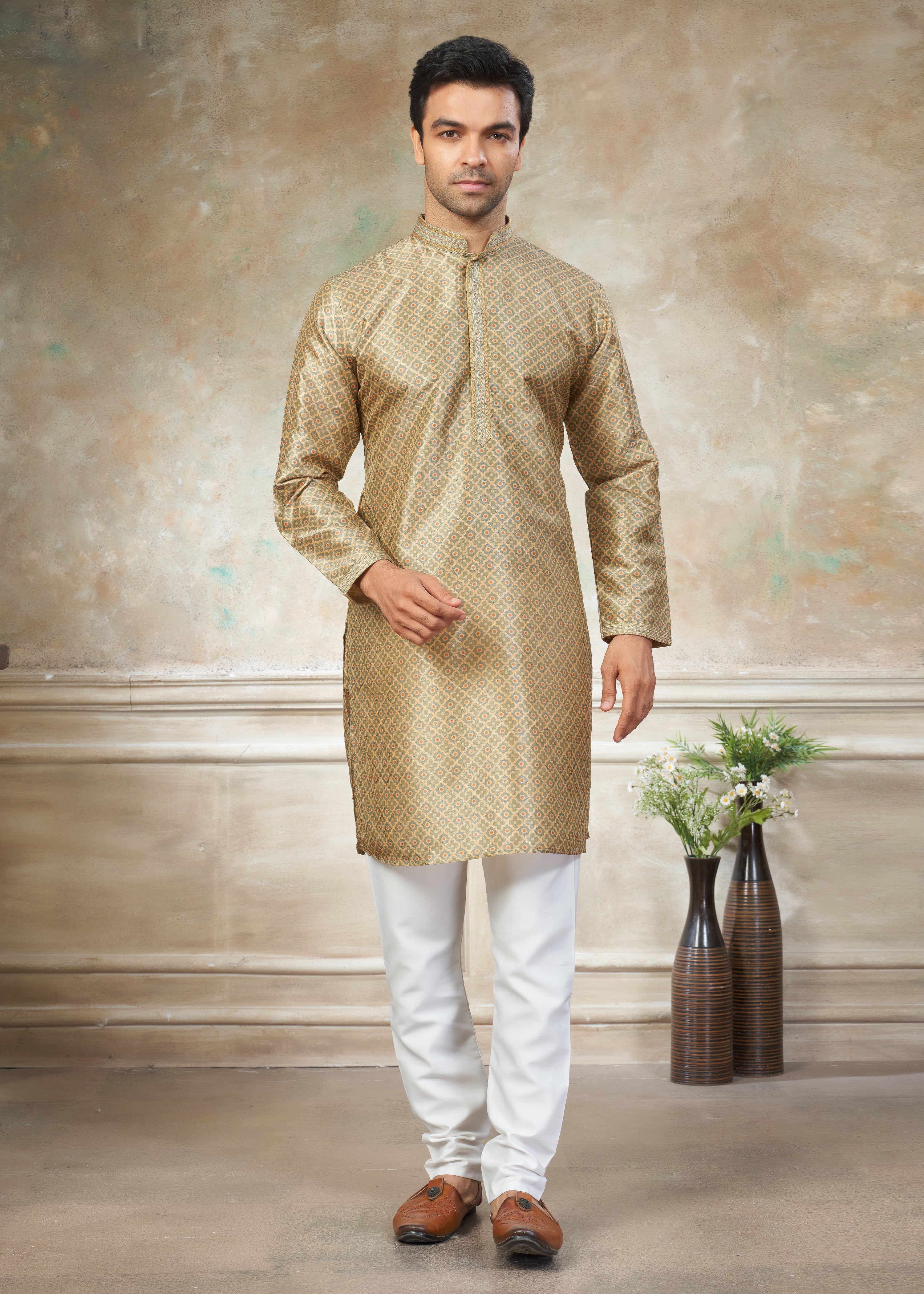 Golden color Premium Silk Digital Print kurta with Raymond Cotton Pajama 40005