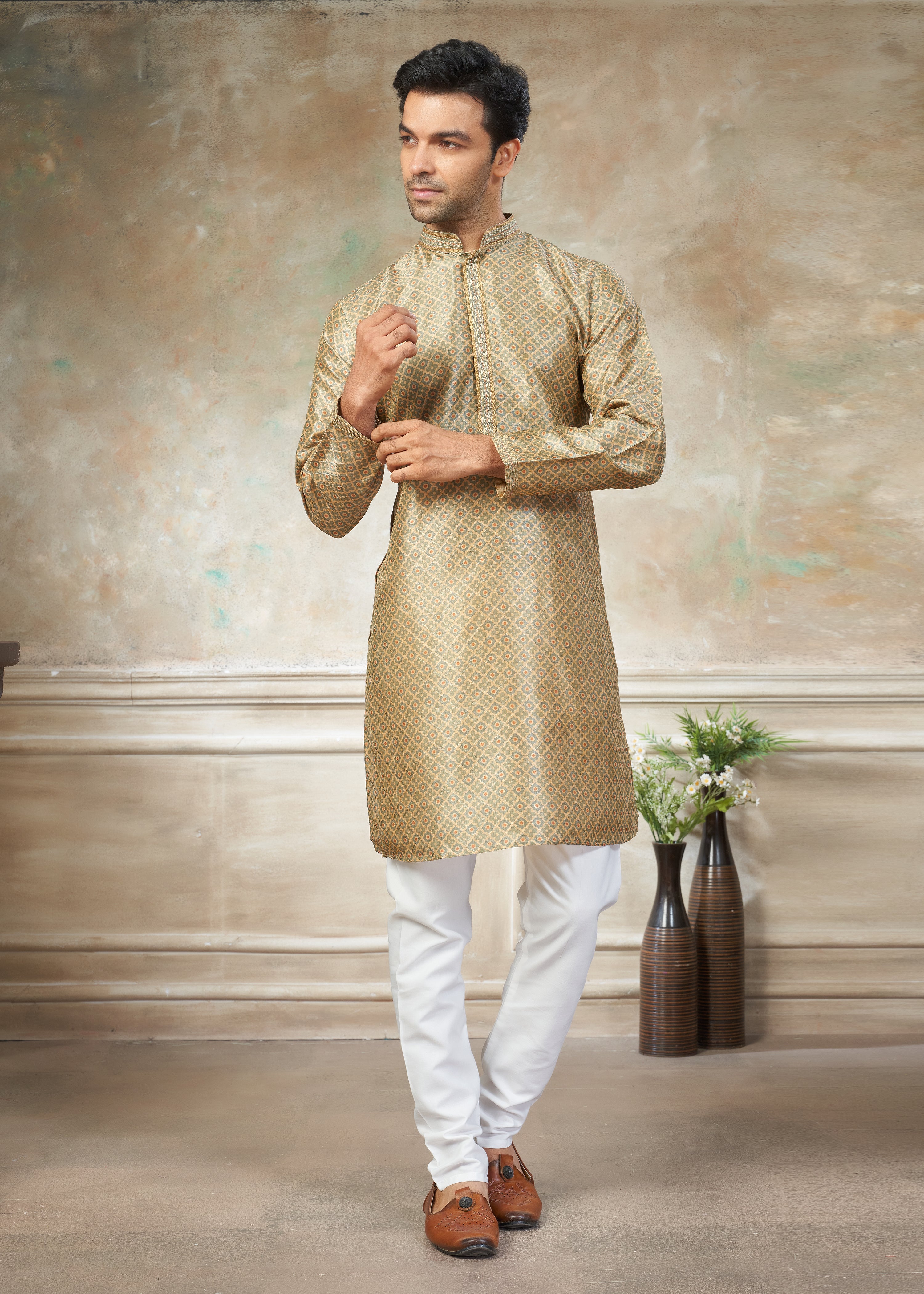 Golden color Premium Silk Digital Print kurta with Raymond Cotton Pajama 40005