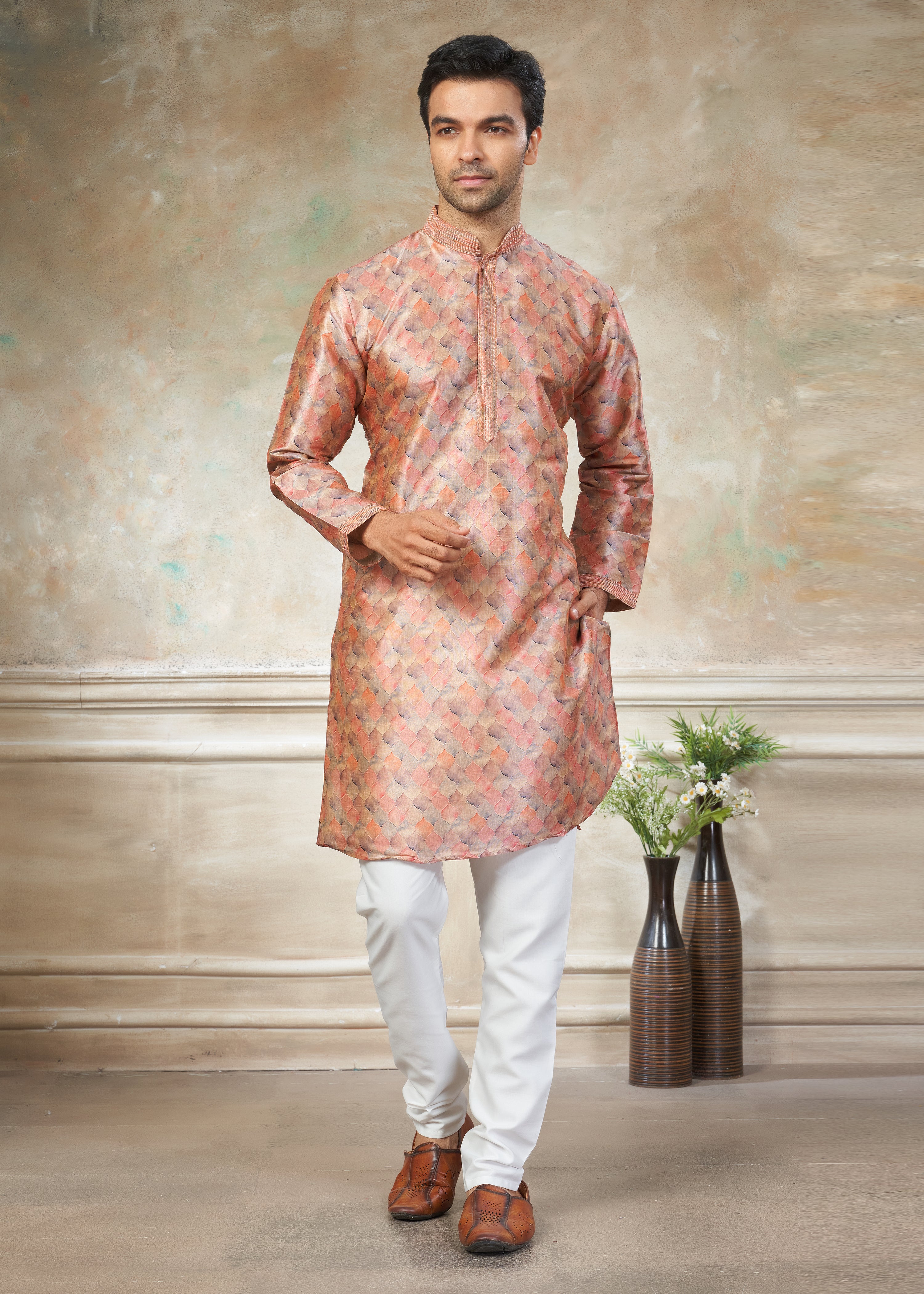 Peach color Premium Silk Digital Print kurta with Raymond Cotton Pajama 40006
