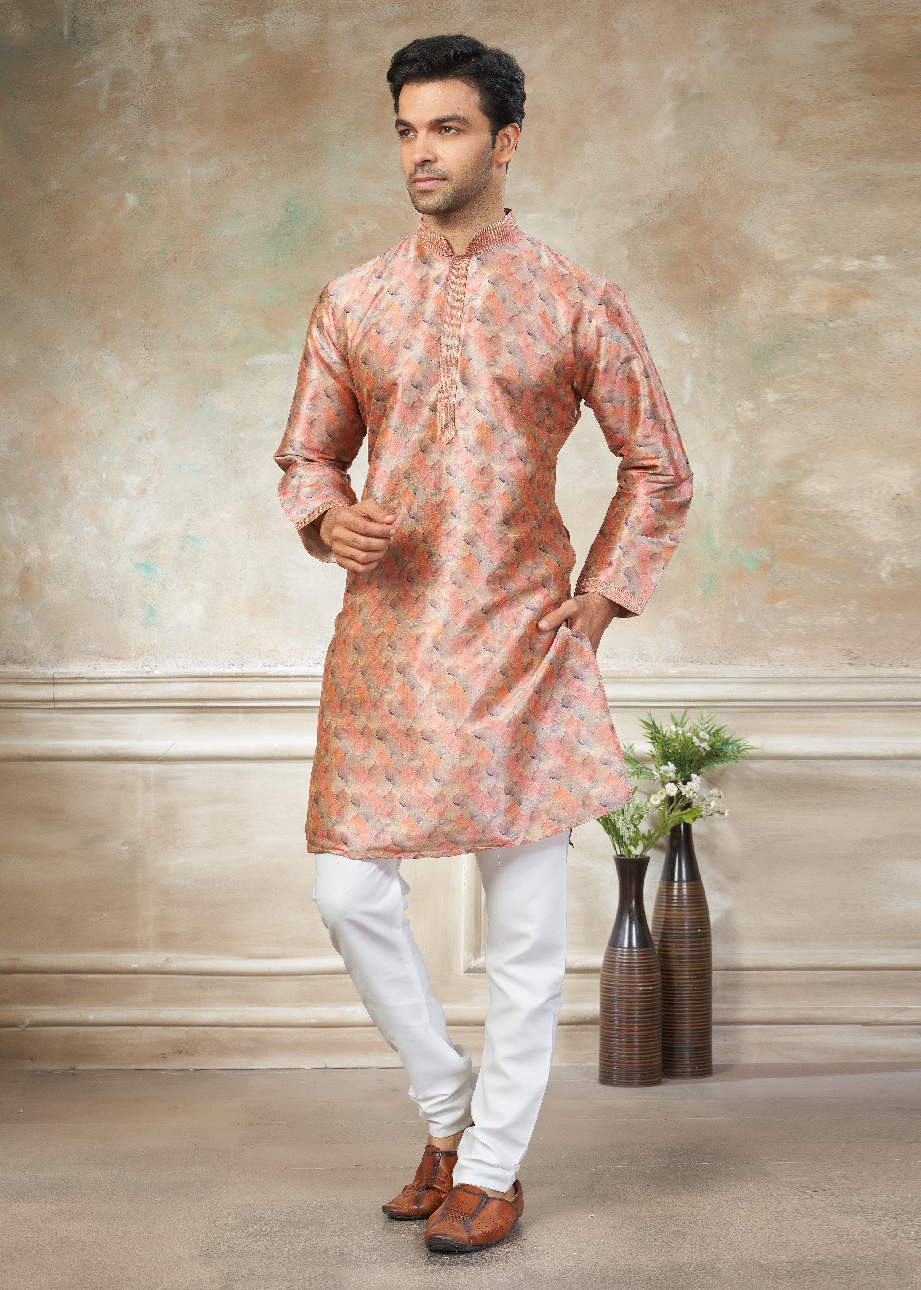 Peach color Premium Silk Digital Print kurta with Raymond Cotton Pajama 40006