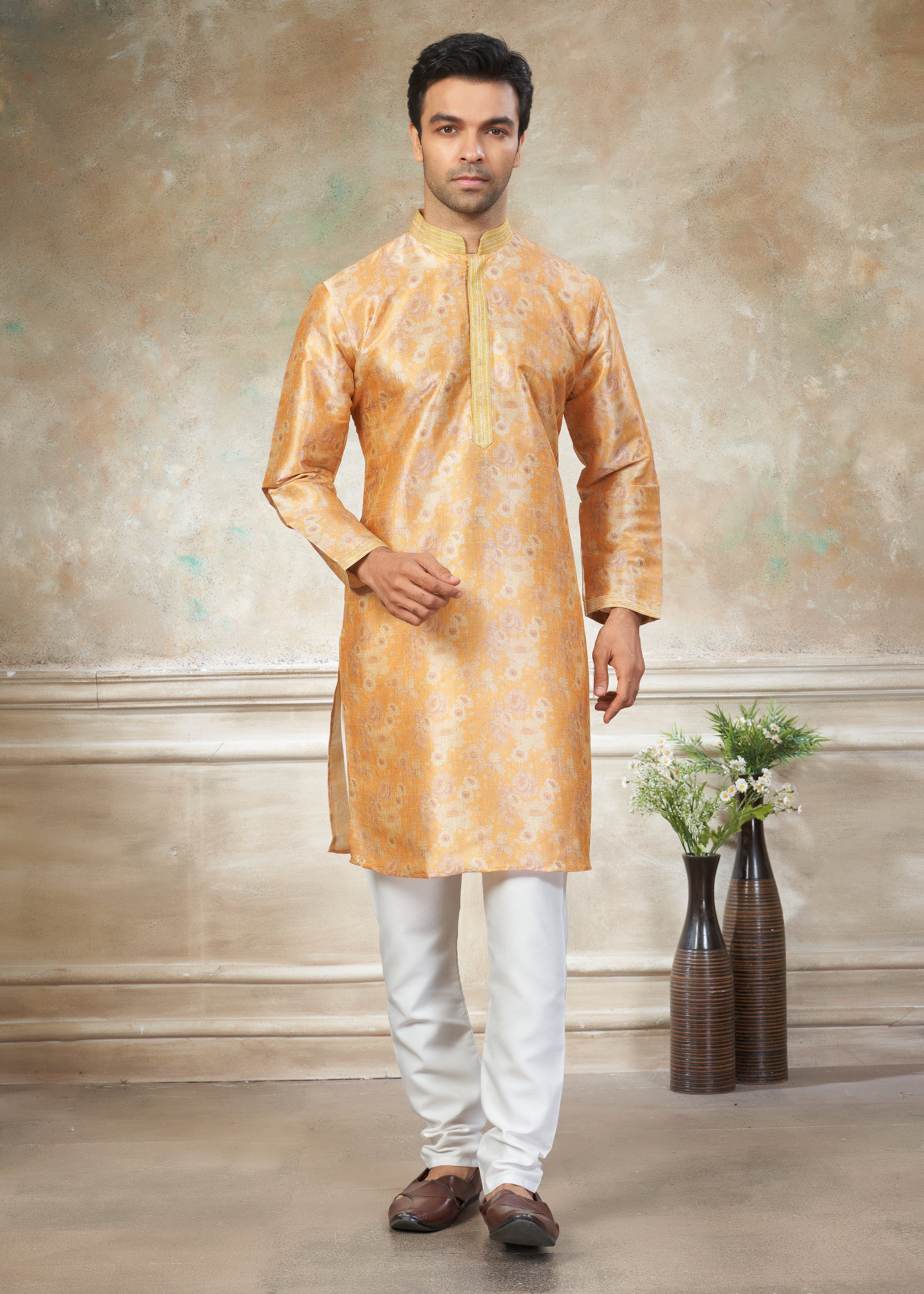 Yellow color Premium Silk Digital Print kurta with Raymond Cotton Pajama 40007