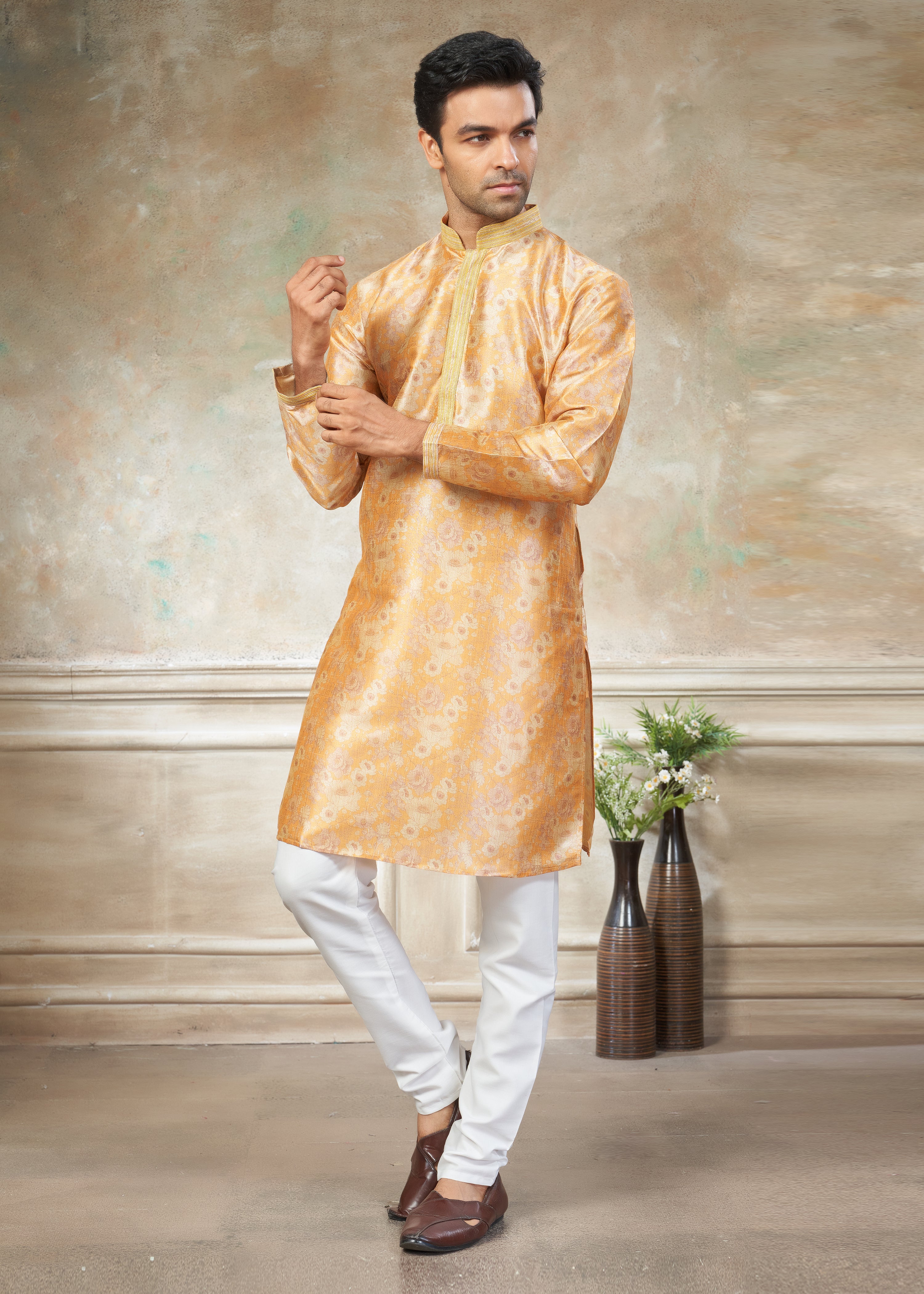 Yellow color Premium Silk Digital Print kurta with Raymond Cotton Pajama 40007