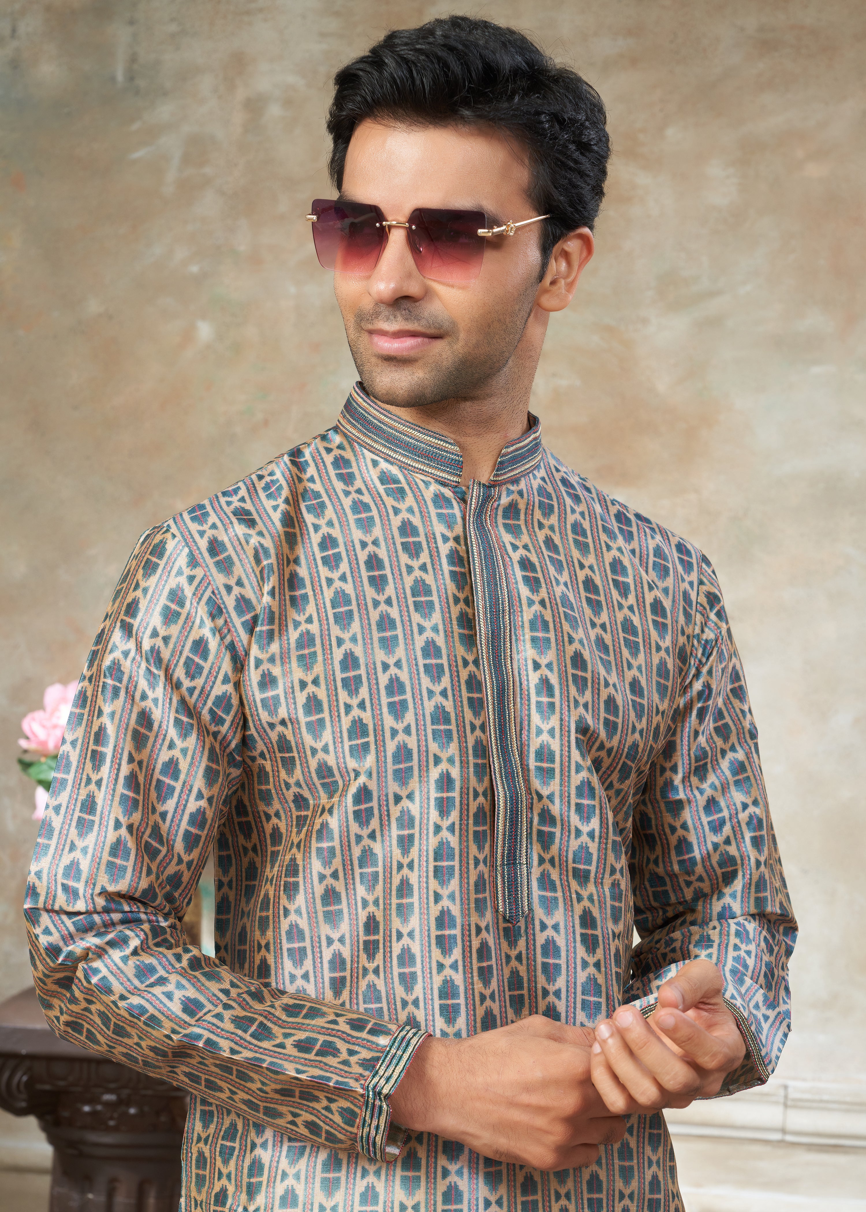 Beige silk with digital print Menswear kurta Pajama 41003