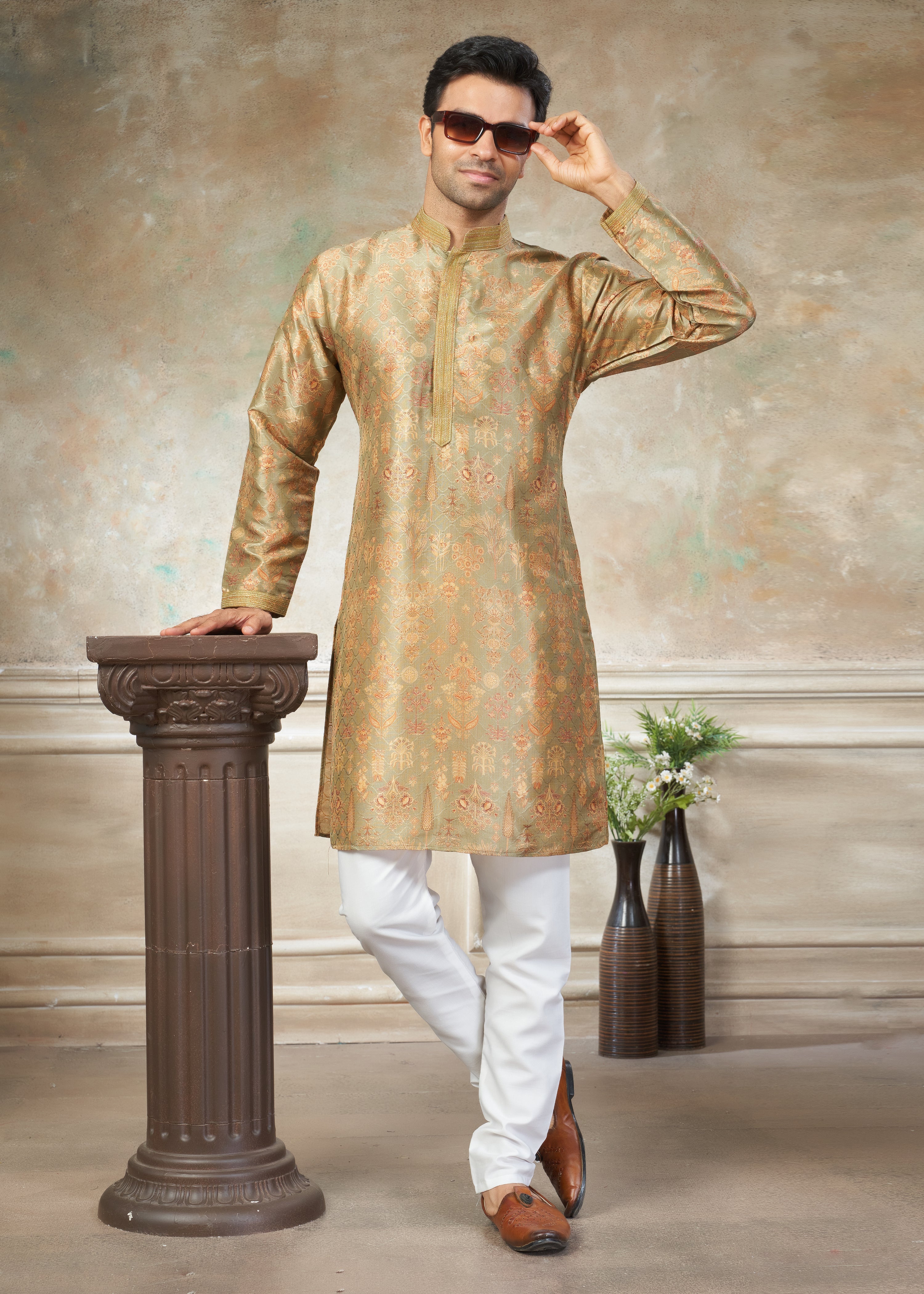 Gloden silk with digital print Menswear kurta Pajama 41006