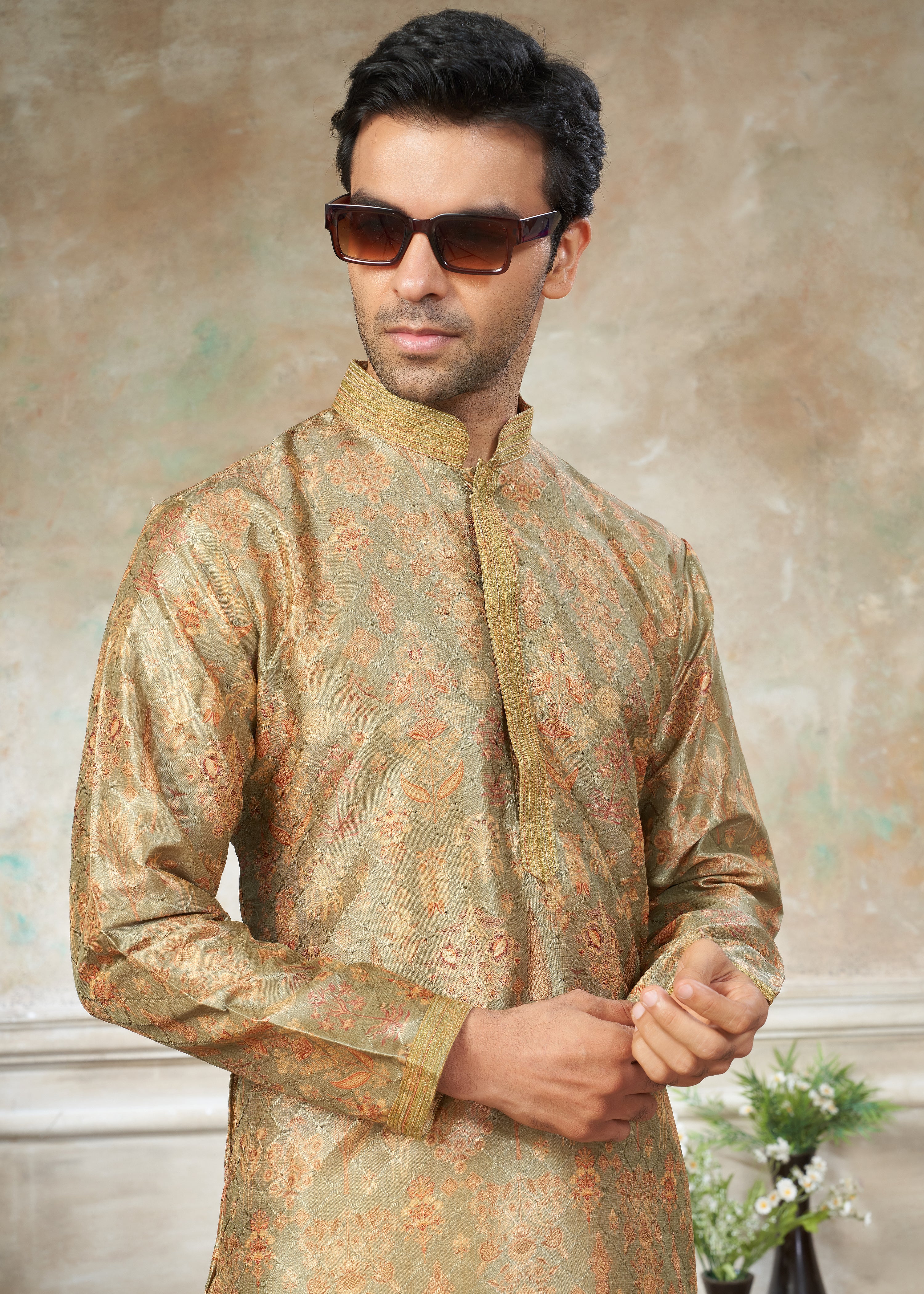 Gloden silk with digital print Menswear kurta Pajama 41006