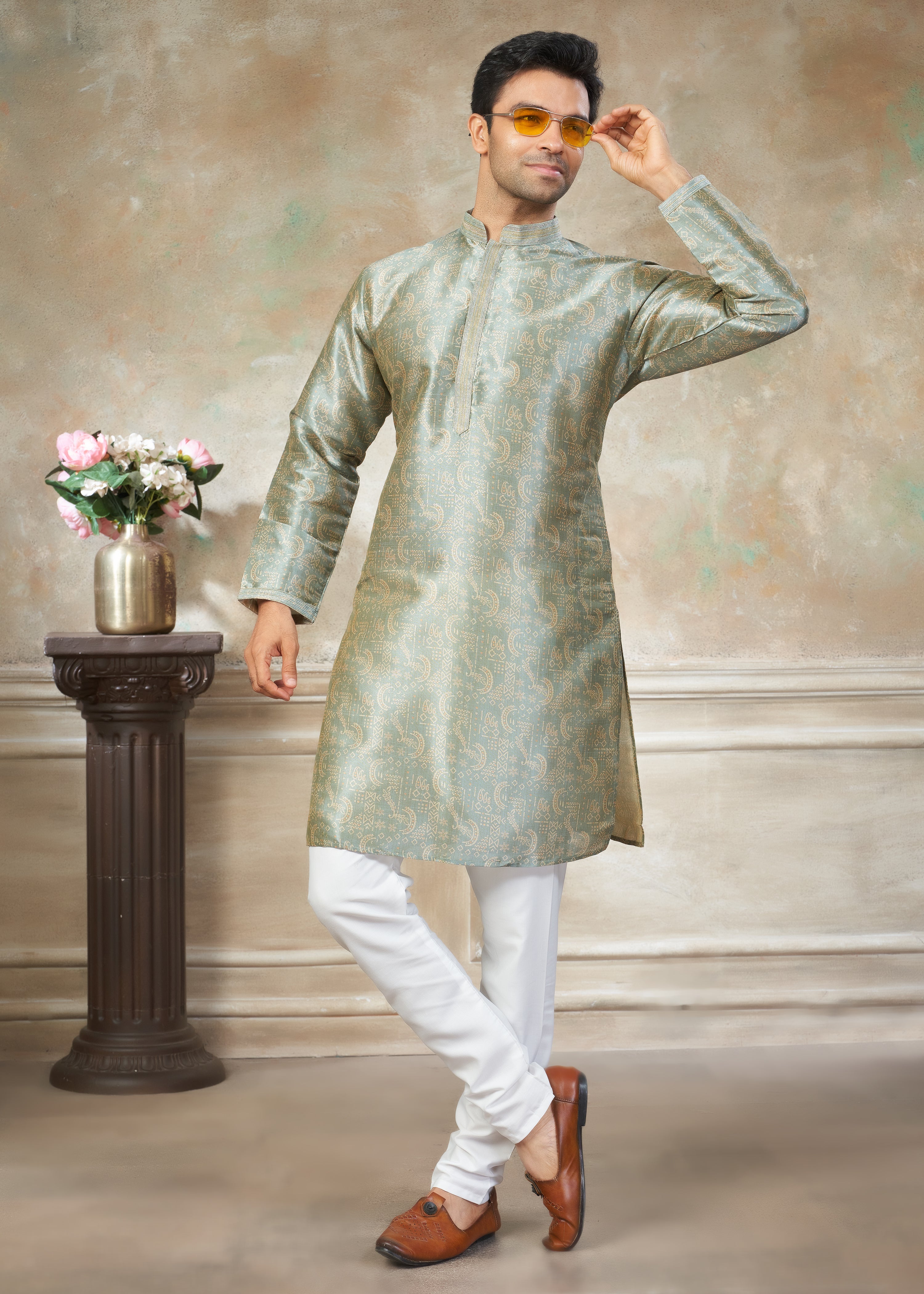 CEA Blue silk with digital print Menswear kurta Pajama 41007