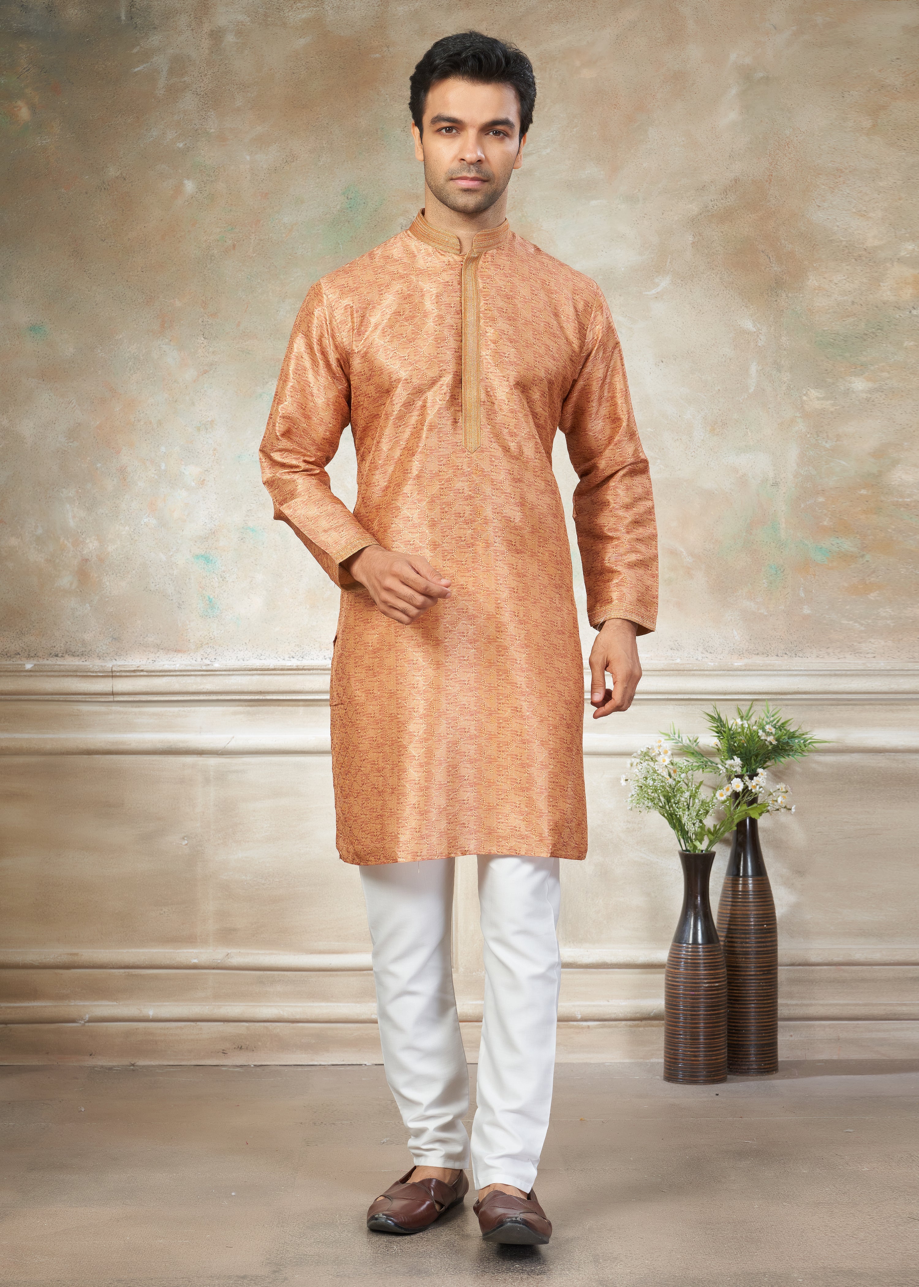 Orange silk with digital print Menswear kurta Pajama 41009