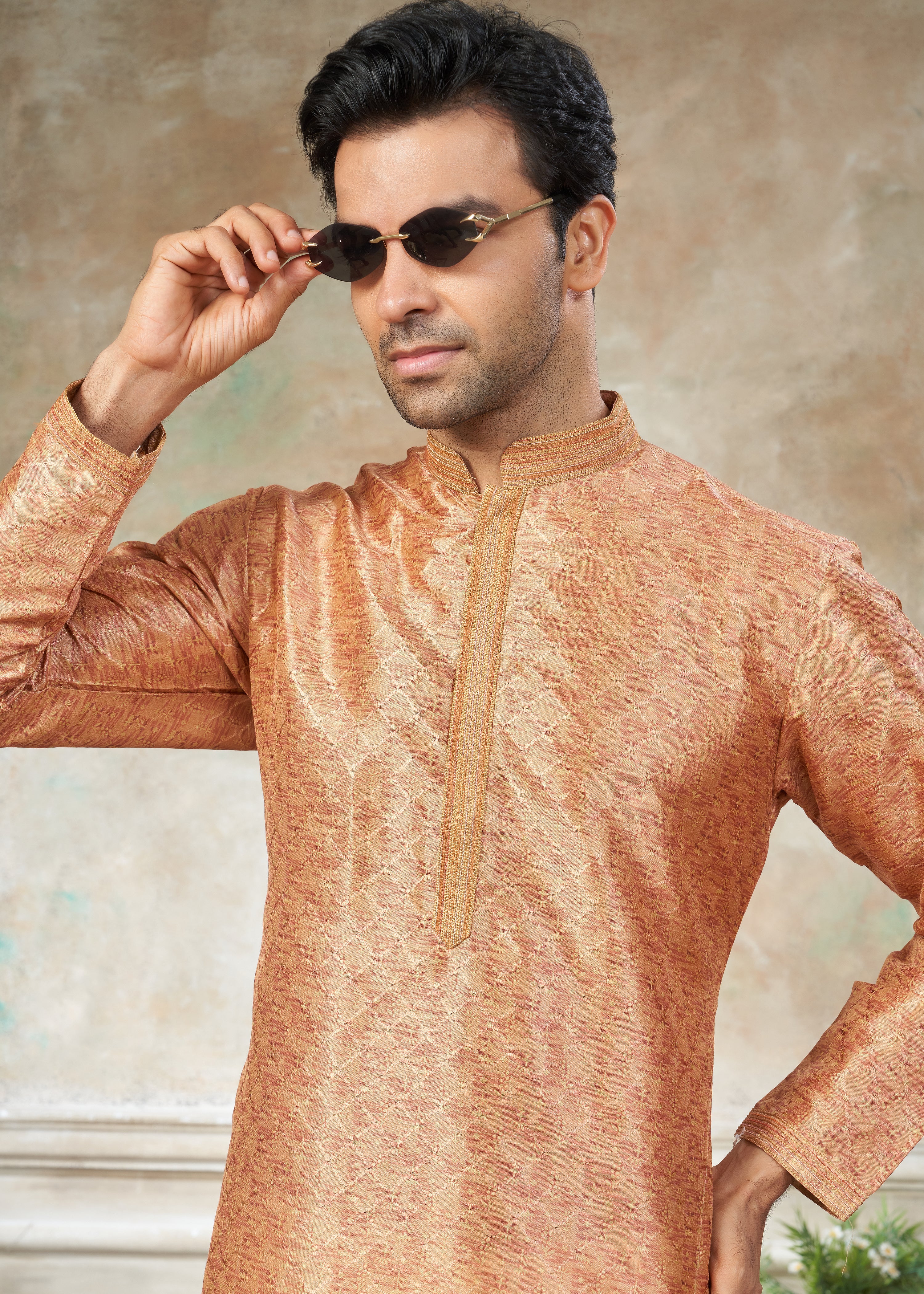 Orange silk with digital print Menswear kurta Pajama 41009