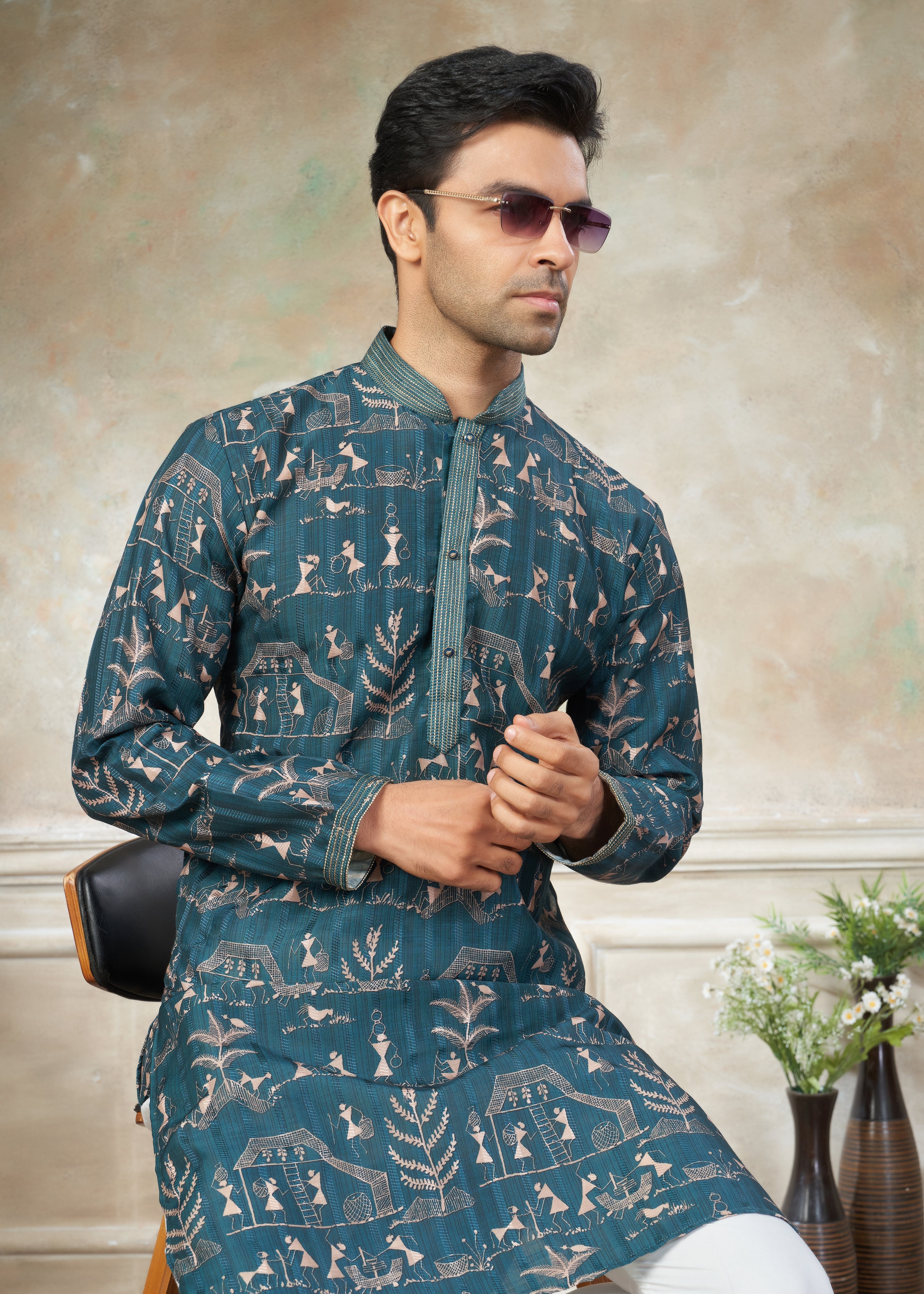 Teal Blue silk with digital print Menswear kurta Pajama 42003