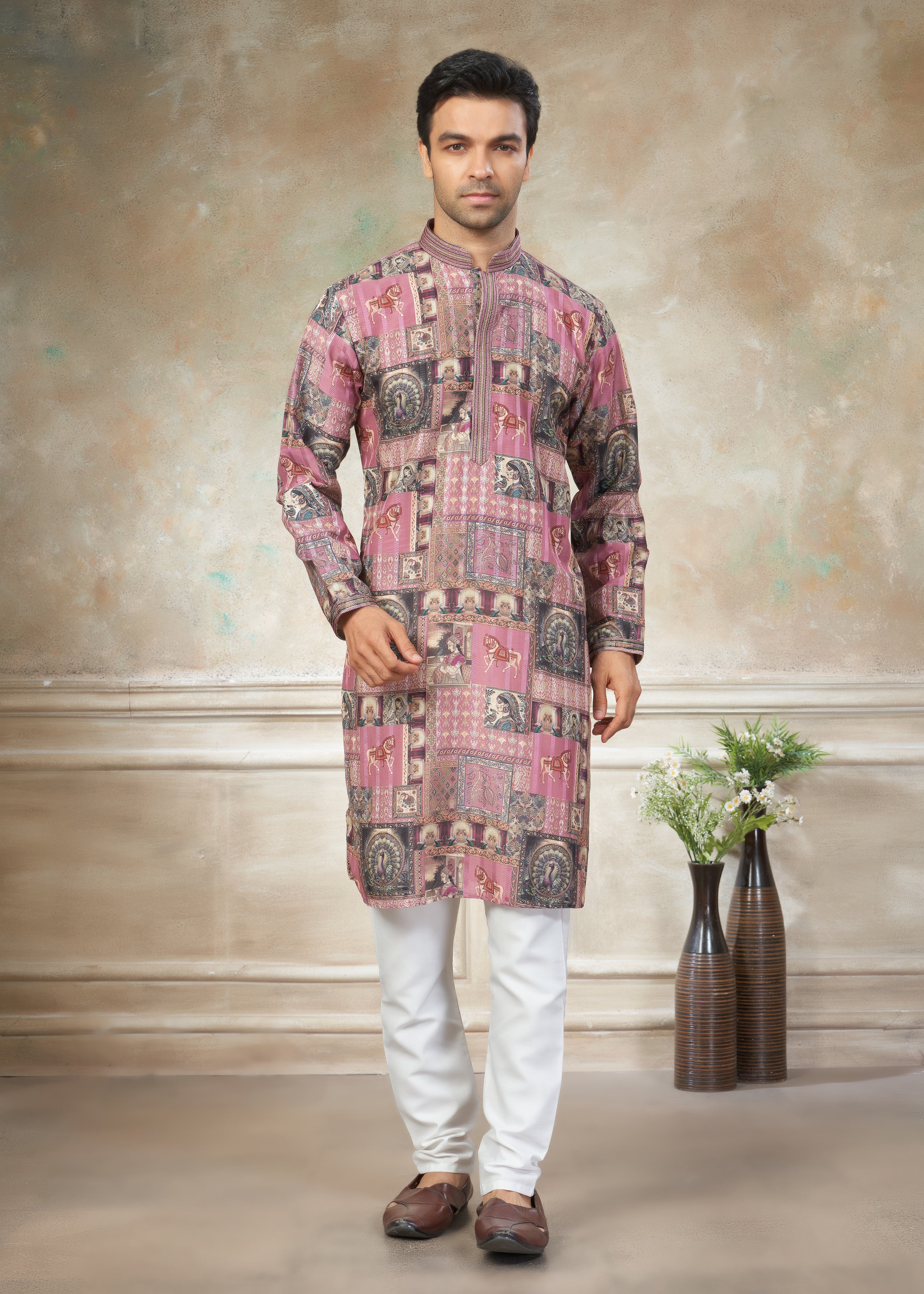 Pink silk with digital print Menswear kurta Pajama 42004