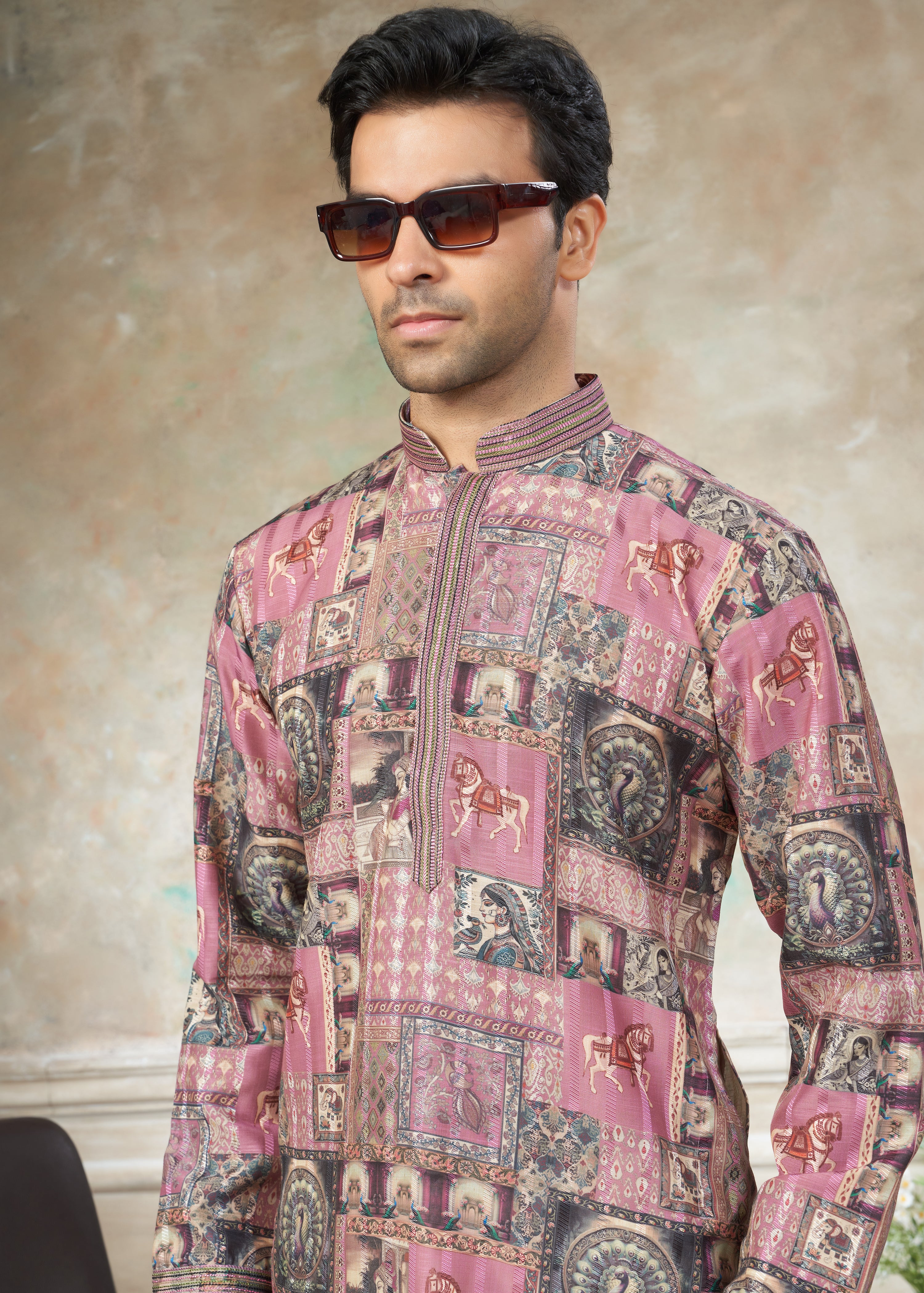 Pink silk with digital print Menswear kurta Pajama 42004