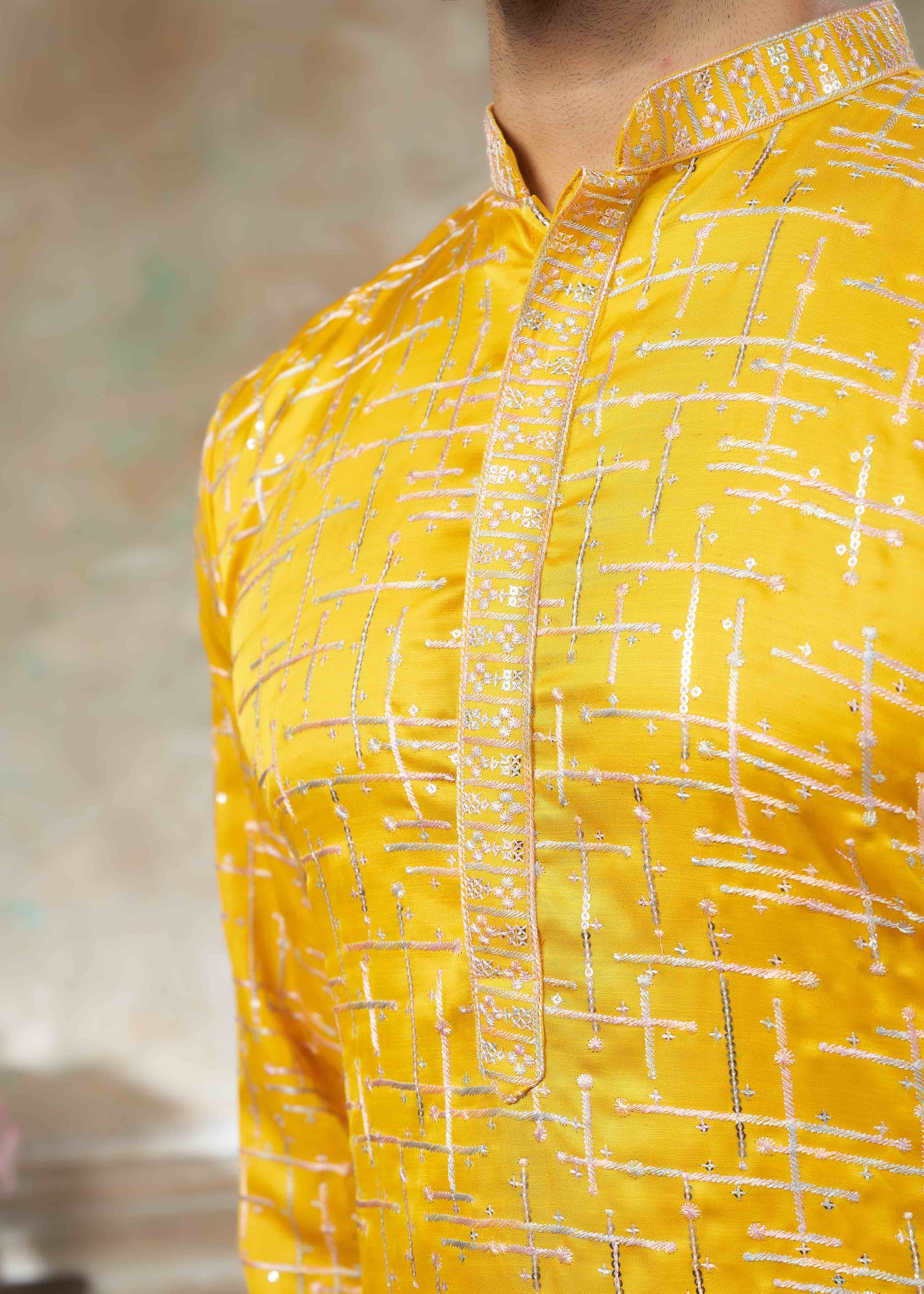 Yellow color Cotton fabric with embroidery Menswear kurta Pajama 43002