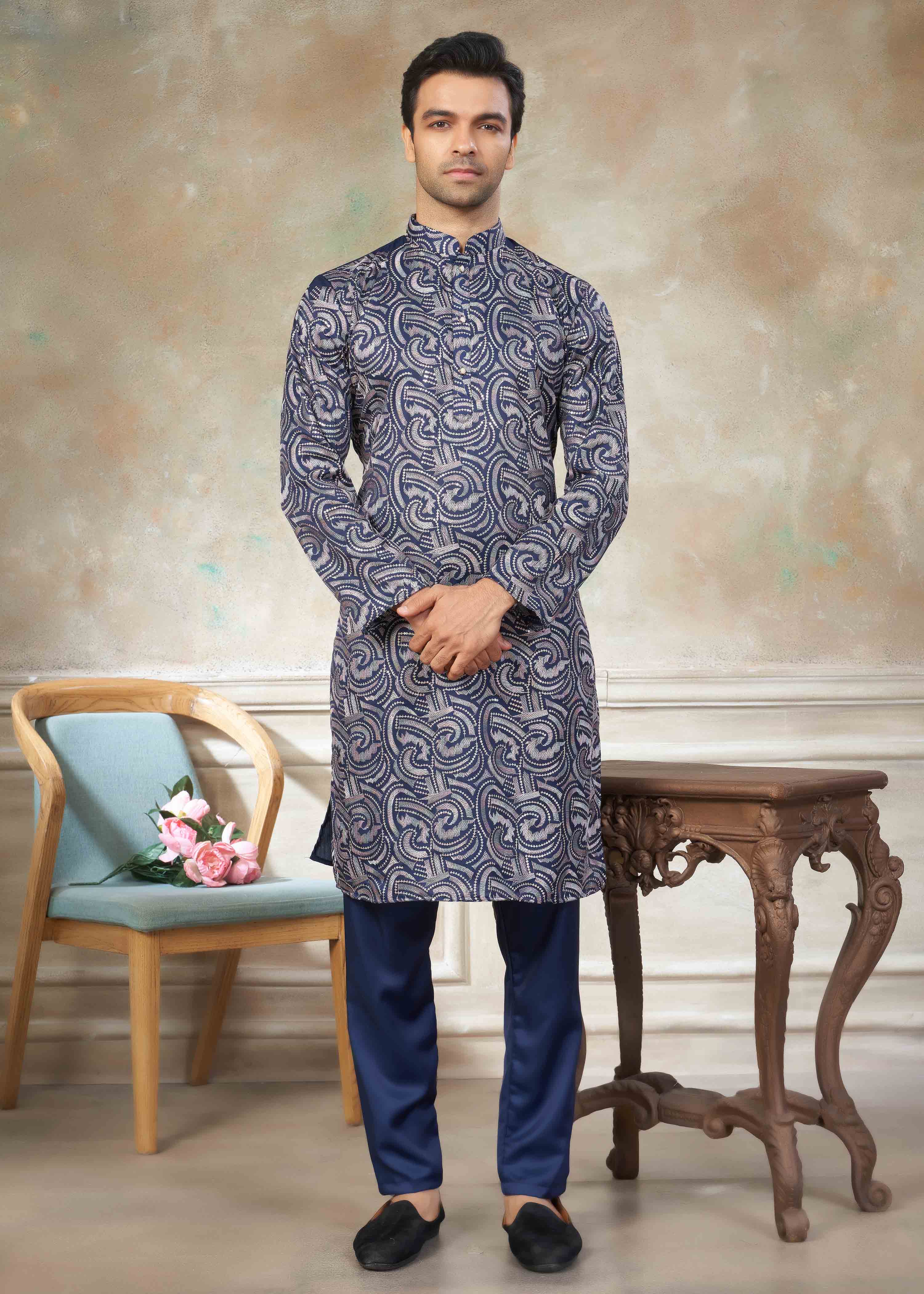 Blue color Cotton fabric with embroidery Menswear kurta Pajama 43003