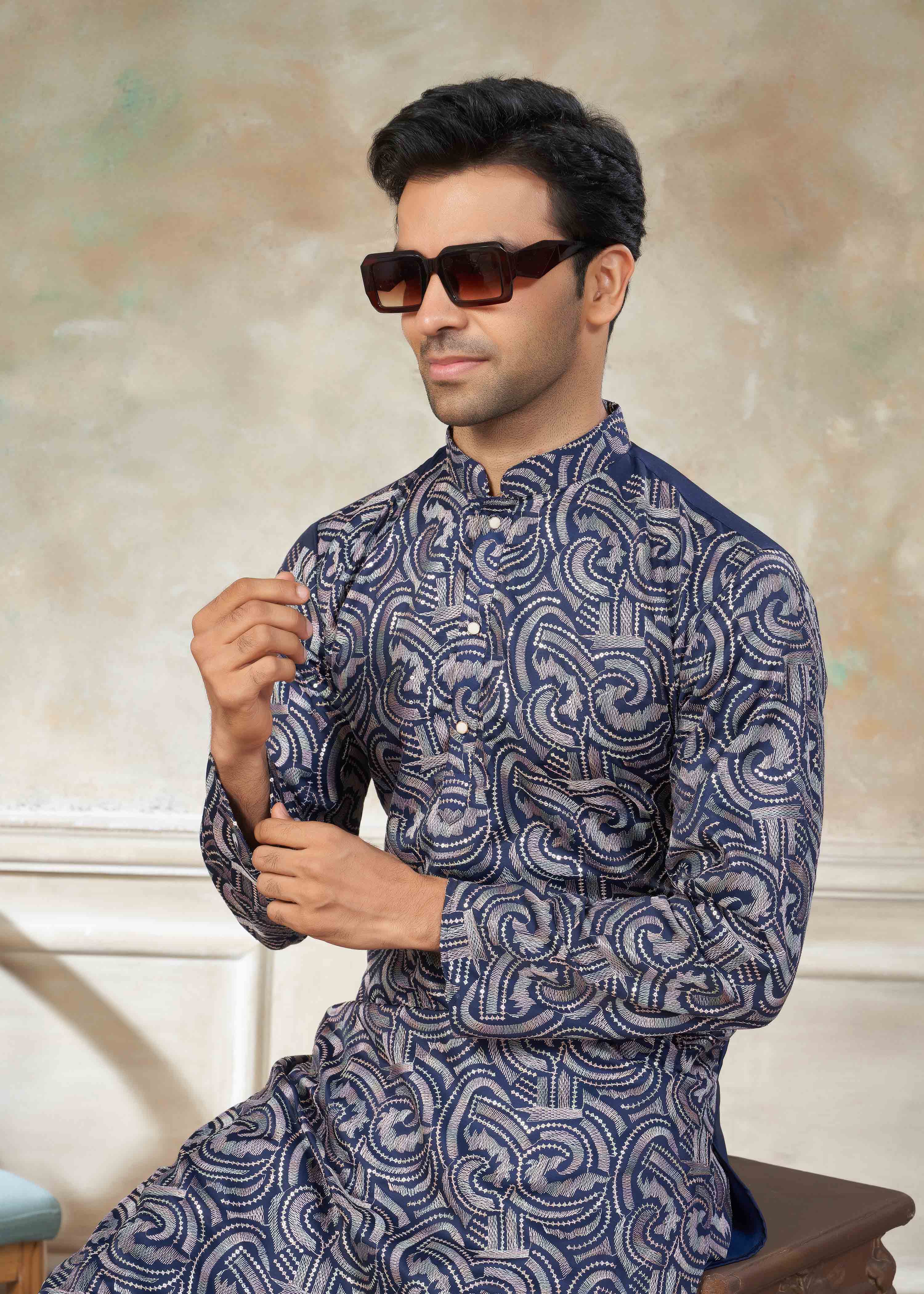 Blue color Cotton fabric with embroidery Menswear kurta Pajama 43003