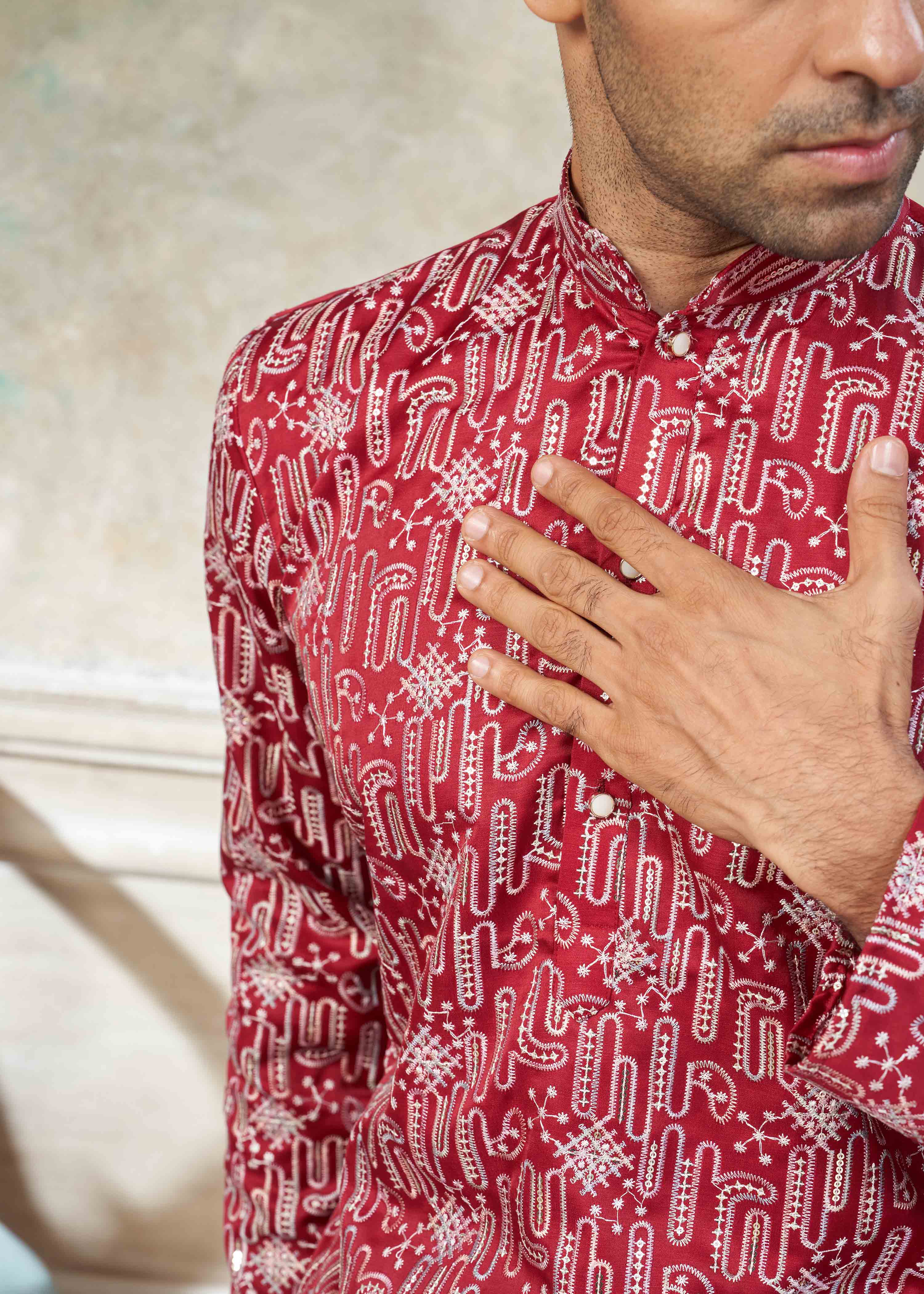 Red color Cotton fabric with embroidery Menswear kurta Pajama 43004