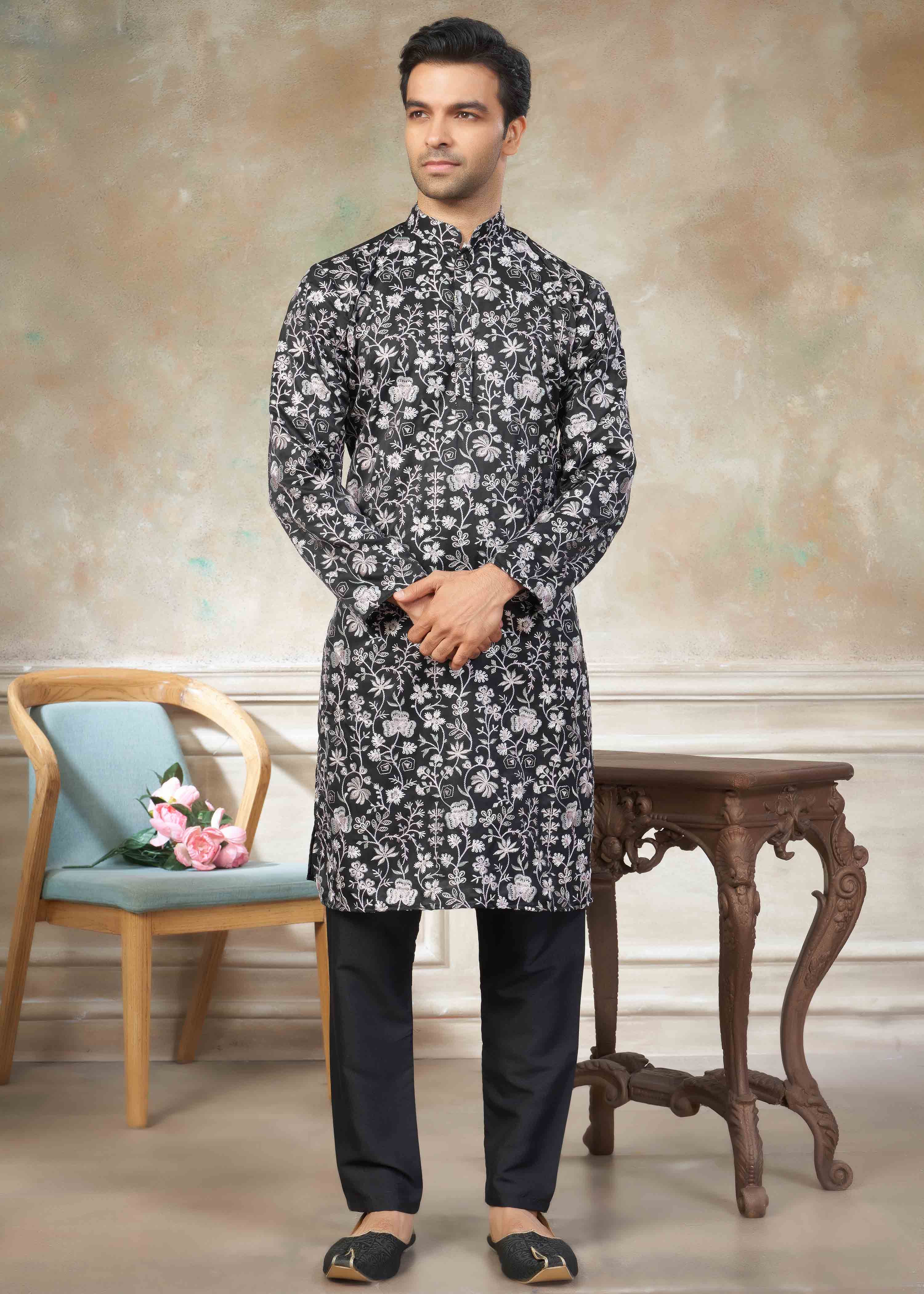 Black color Cotton fabric with embroidery Menswear kurta Pajama 43006
