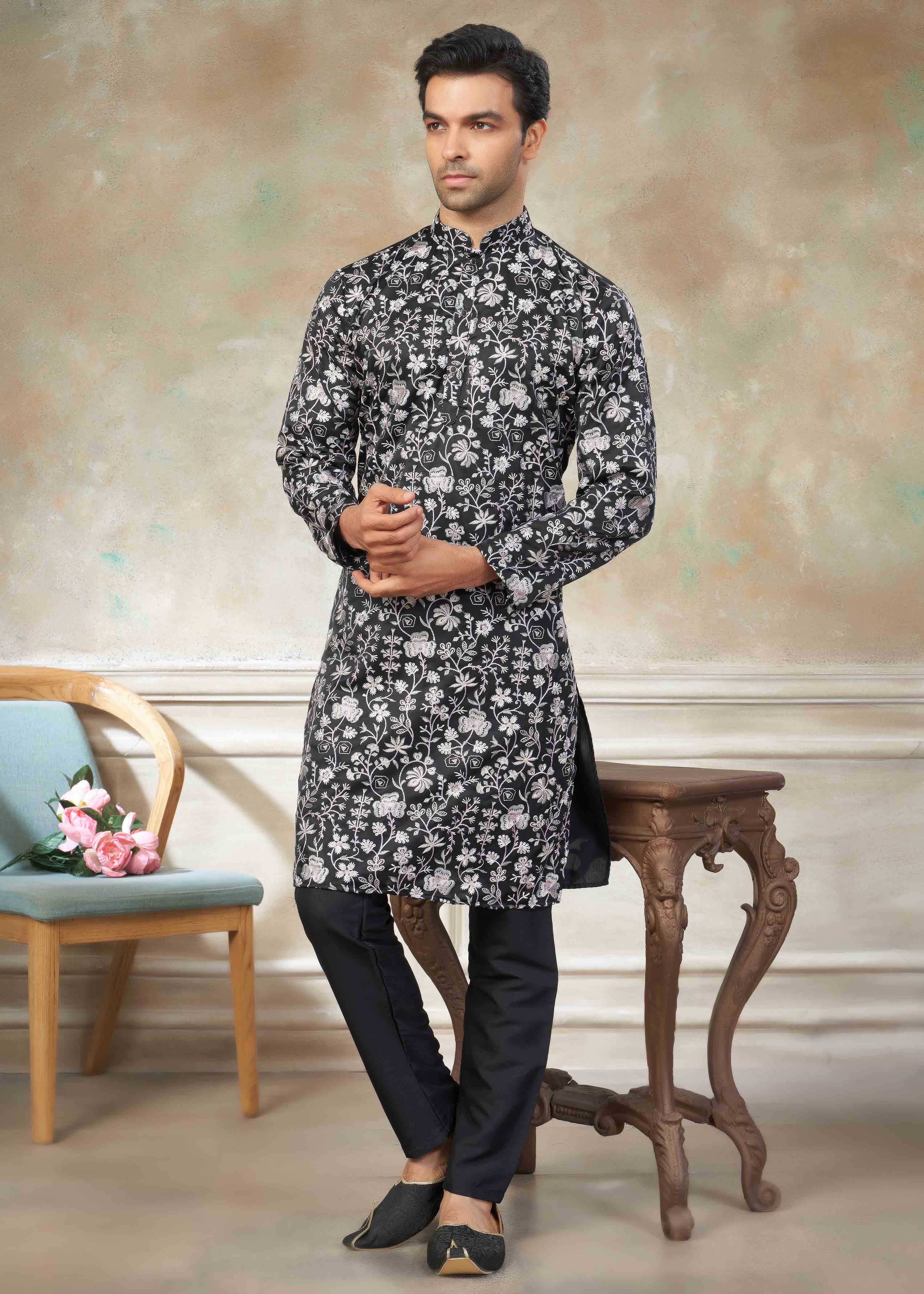Black color Cotton fabric with embroidery Menswear kurta Pajama 43006
