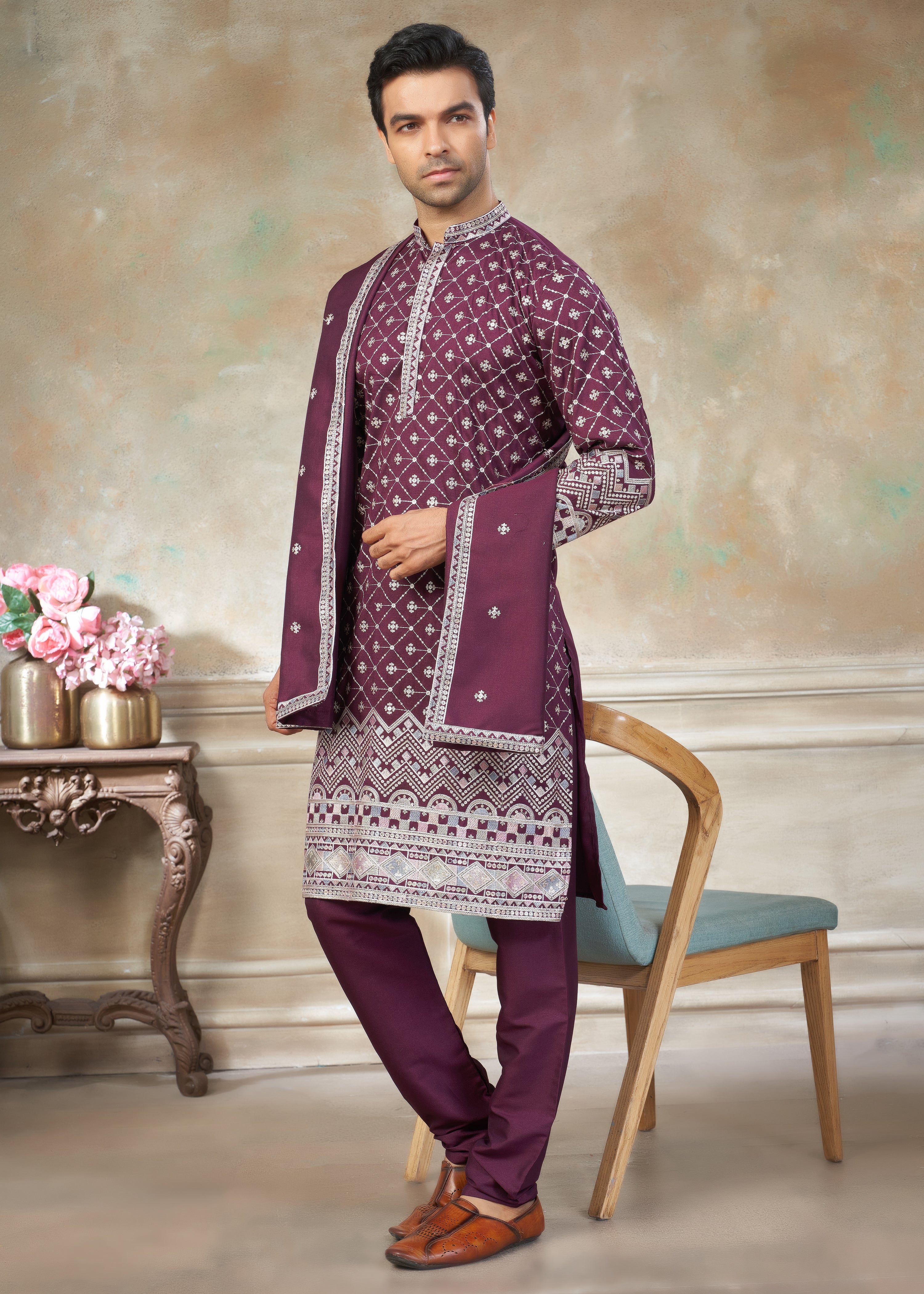 Purple Cotton fabric with Embroidered Work Menswear kurta Pajama With Dupatta 44001
