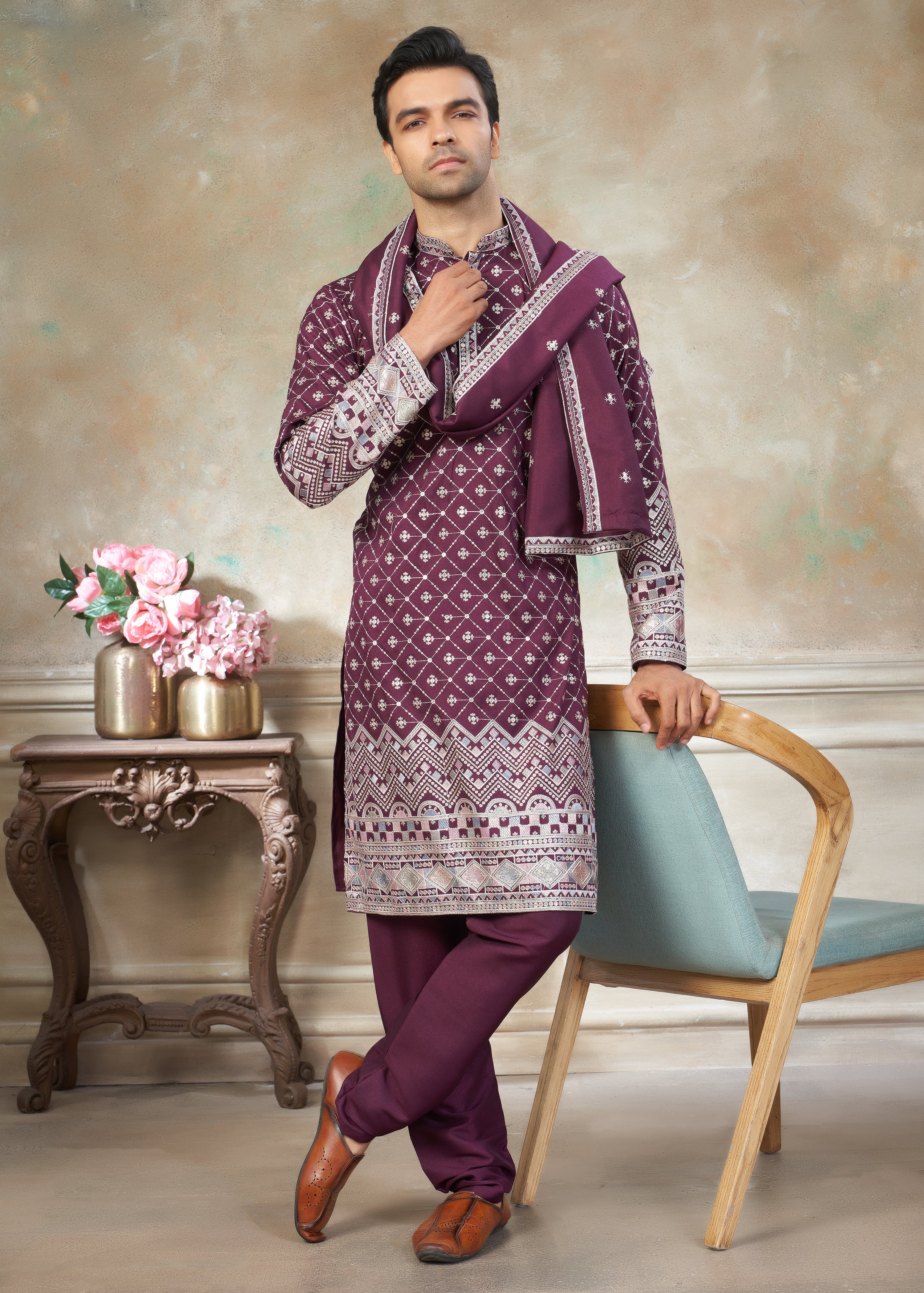 Purple Cotton fabric with Embroidered Work Menswear kurta Pajama With Dupatta 44001