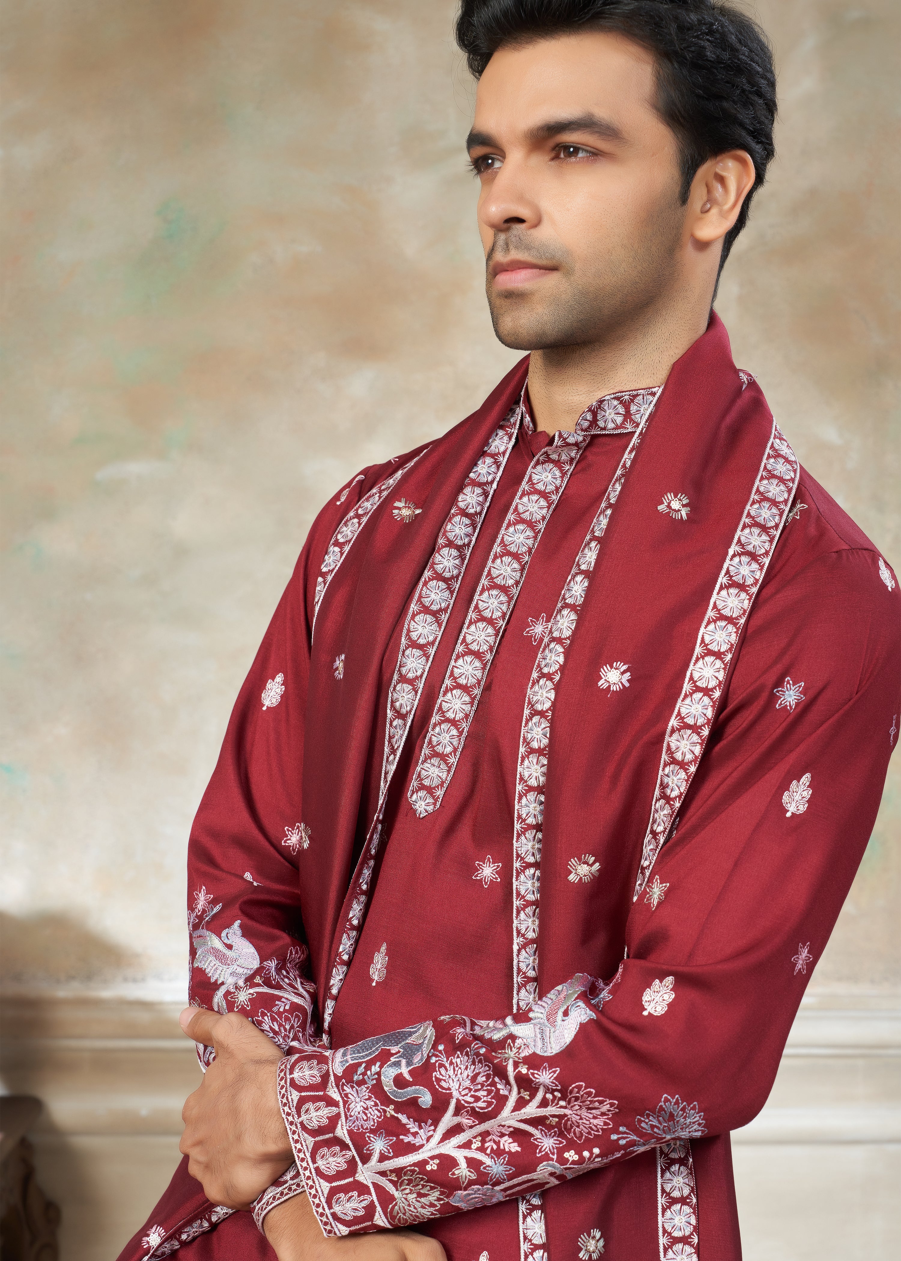 Red Cotton fabric with Embroidered Work Menswear kurta Pajama With Dupatta 44002