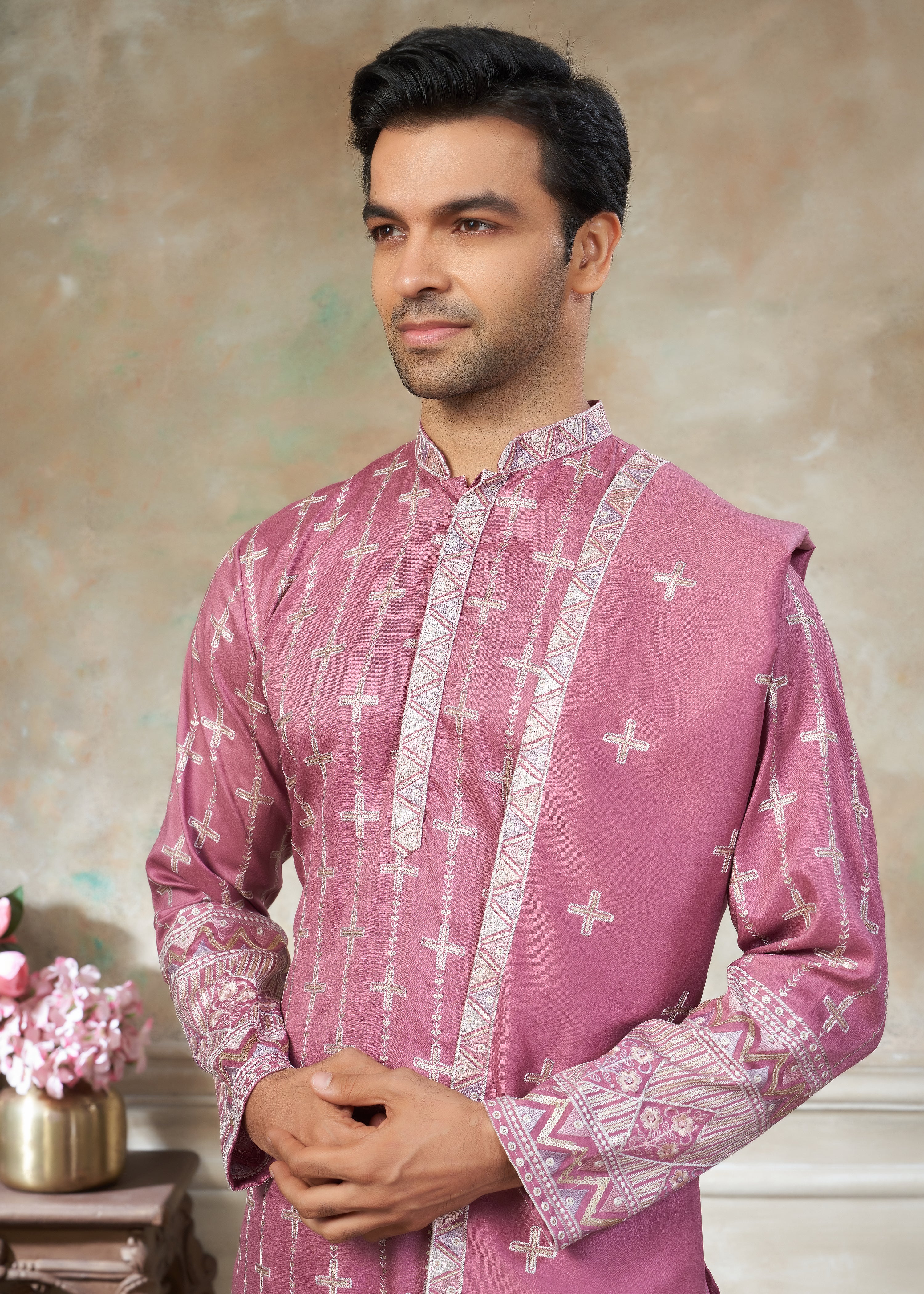 Pink Cotton fabric with Embroidered Work Menswear kurta Pajama With Dupatta 44003