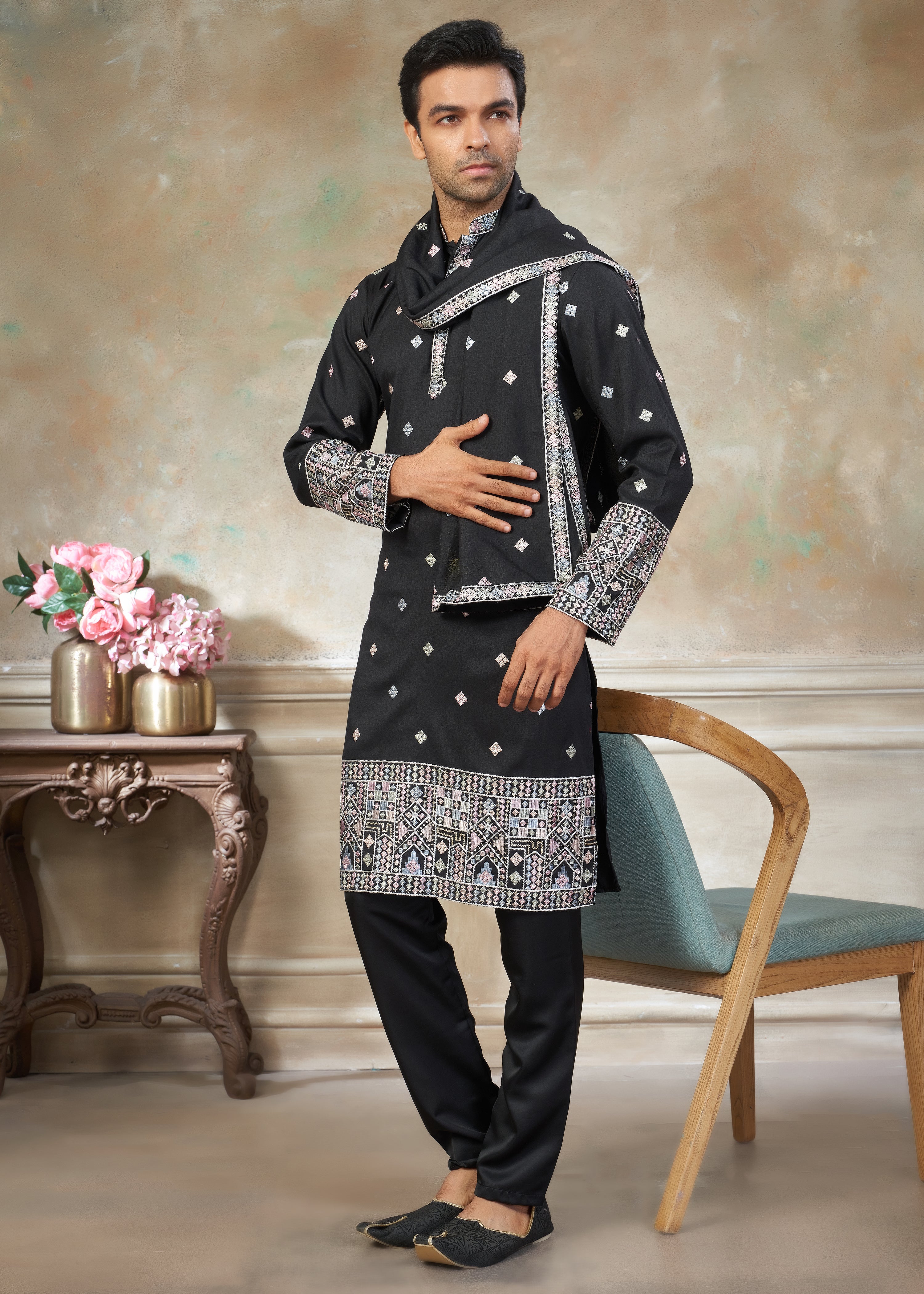 Red Cotton fabric with Embroidered Work Menswear kurta Pajama With Dupatta 44004