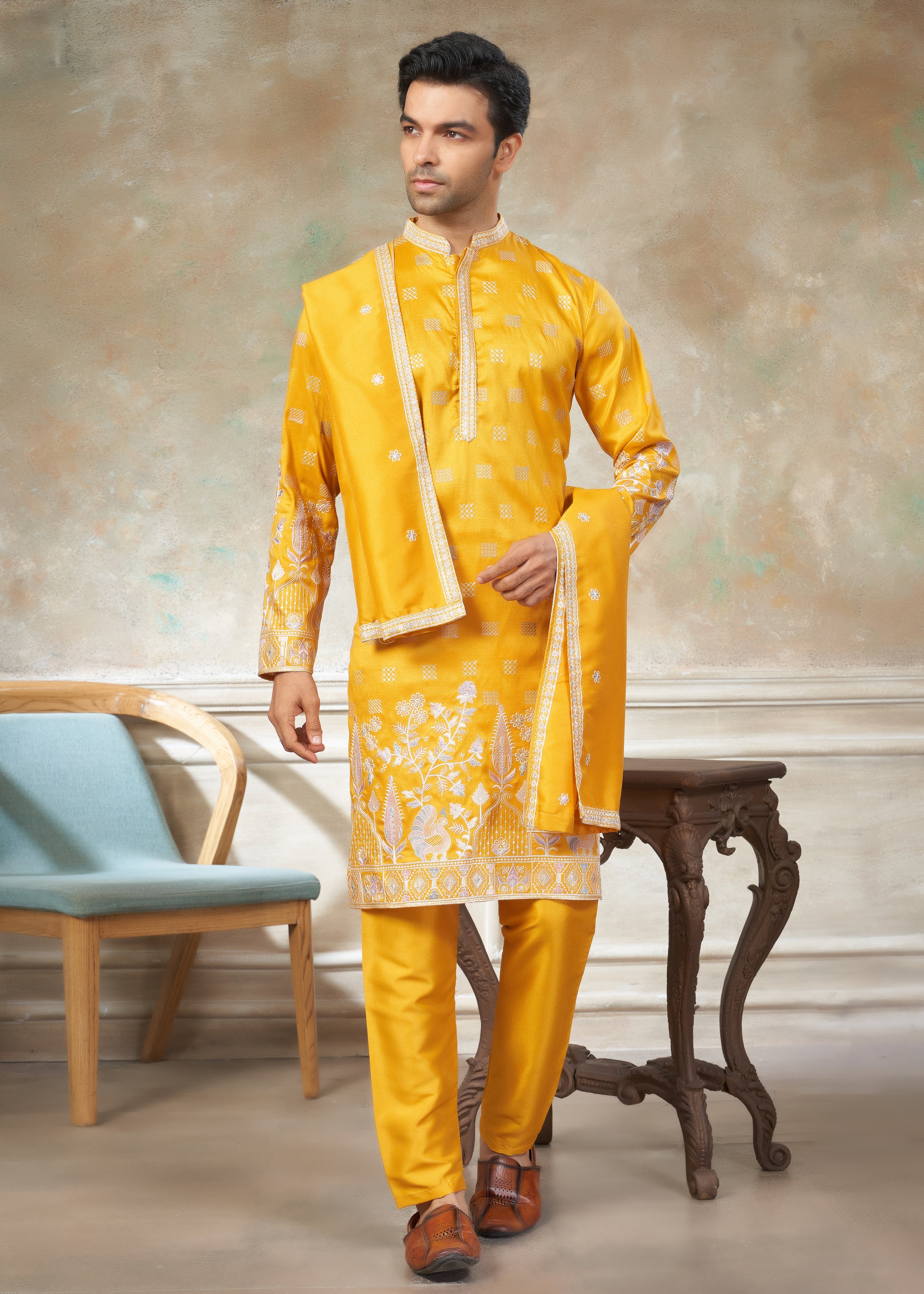 Yellow Cotton fabric with Embroidered Work Menswear kurta Pajama With Dupatta 44005