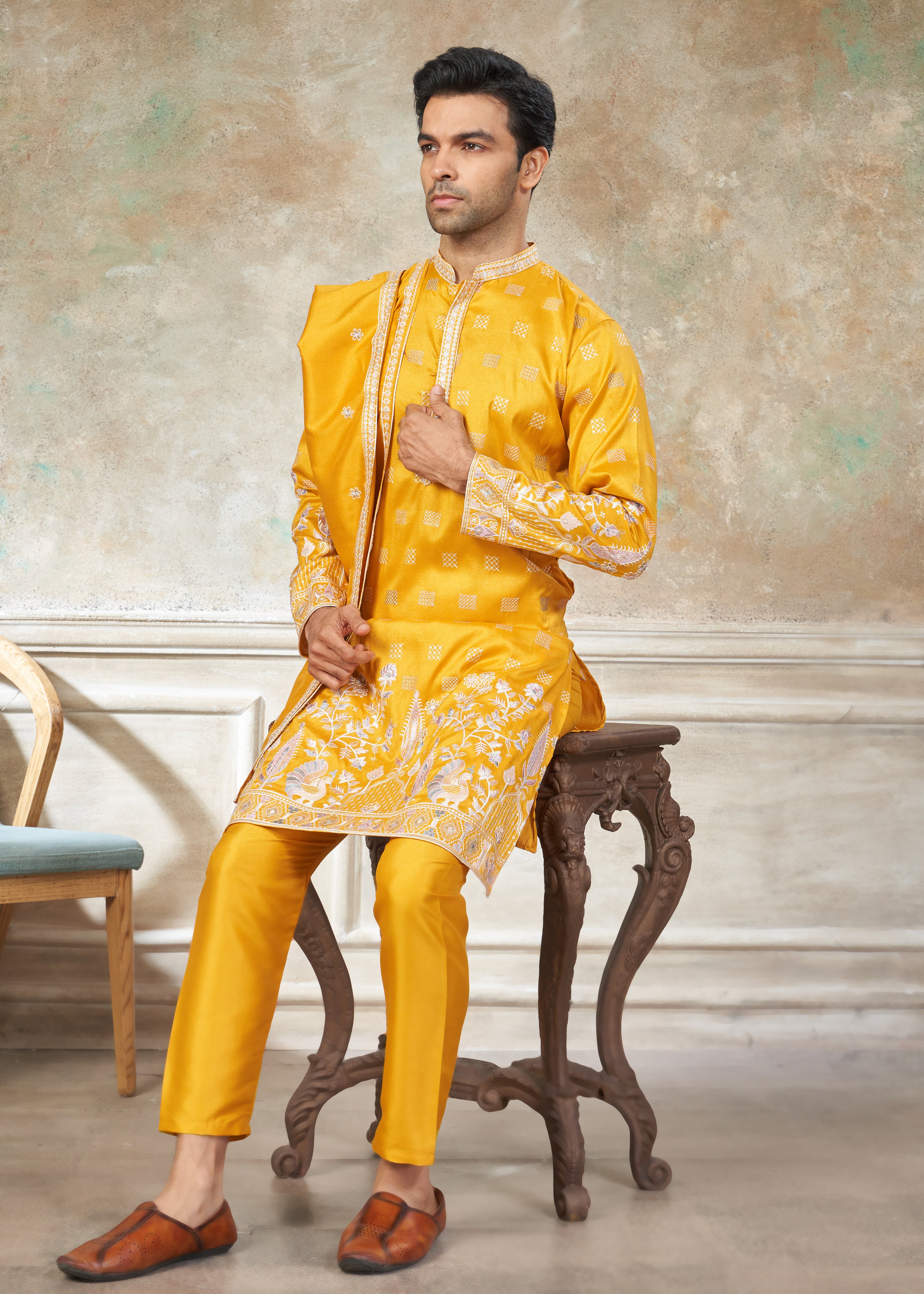 Yellow Cotton fabric with Embroidered Work Menswear kurta Pajama With Dupatta 44005
