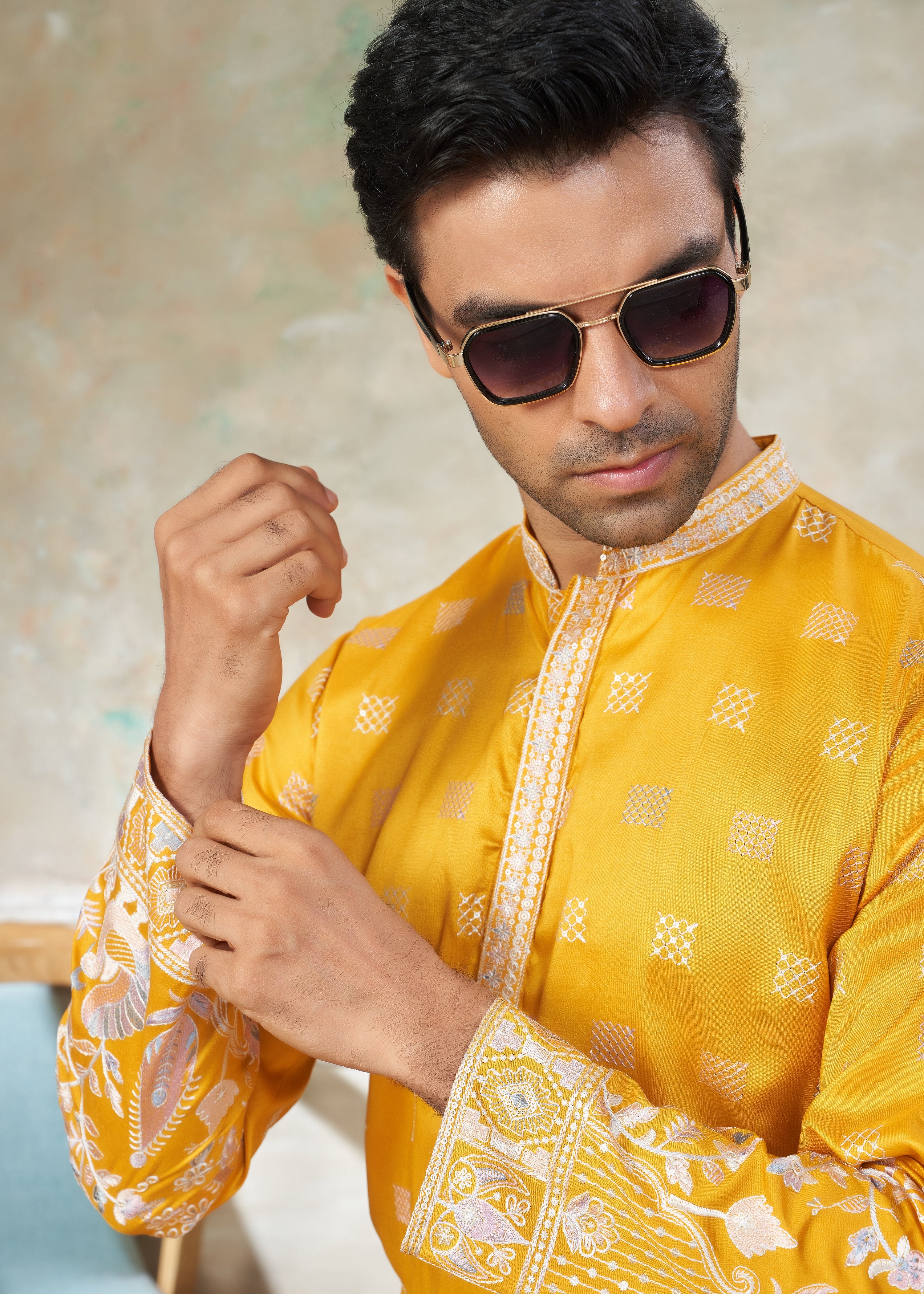 Yellow Cotton fabric with Embroidered Work Menswear kurta Pajama With Dupatta 44005
