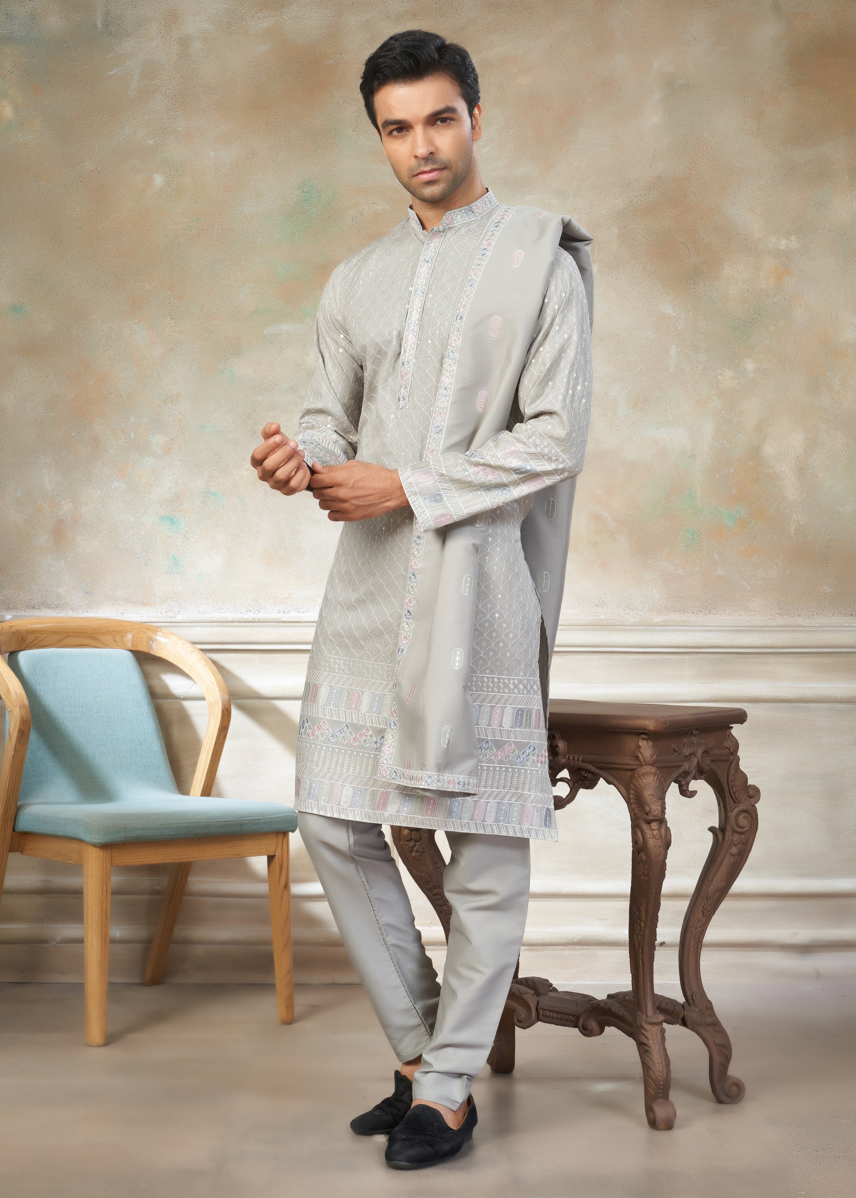 Grey Cotton fabric with Embroidered Work Menswear kurta Pajama With Dupatta 44006