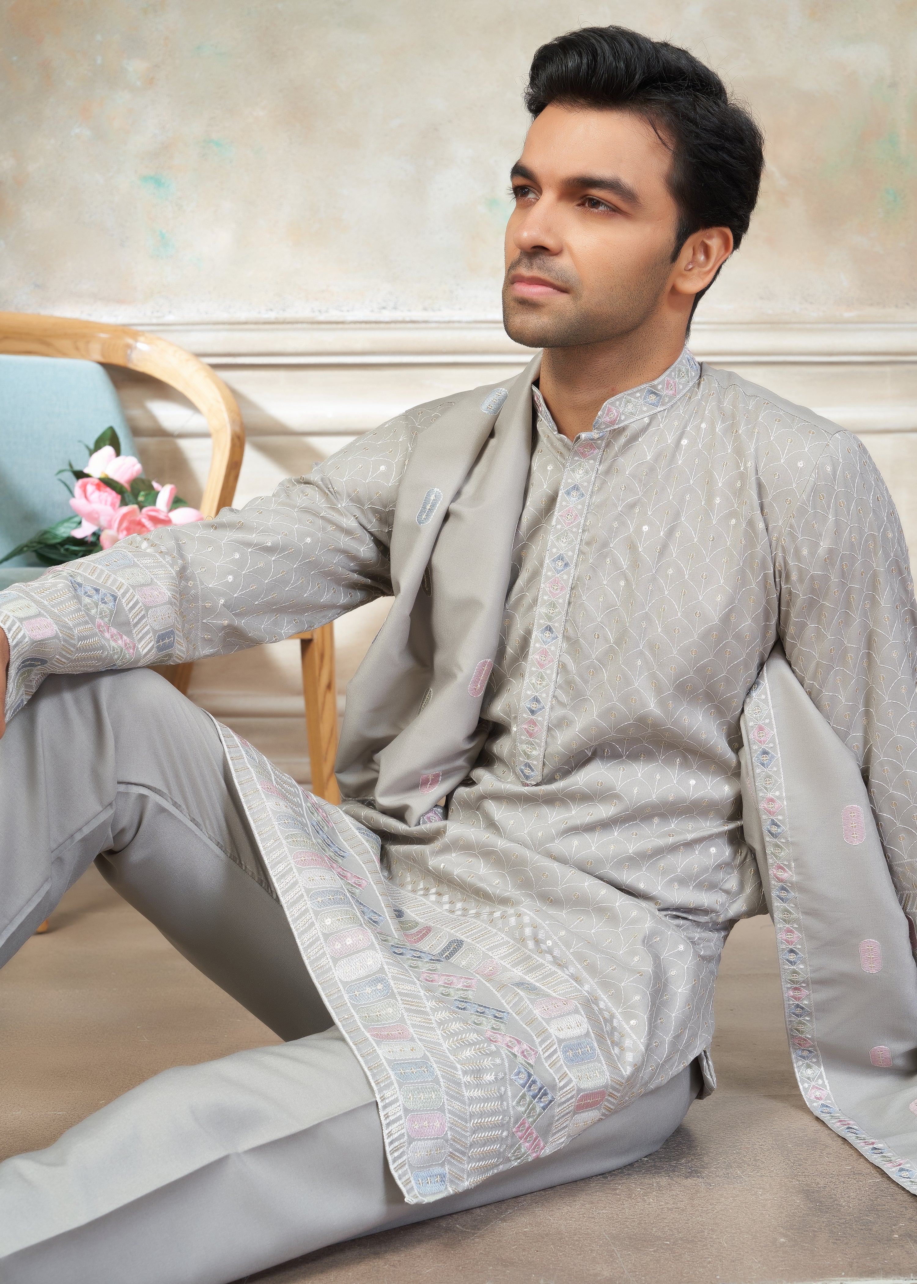Grey Cotton fabric with Embroidered Work Menswear kurta Pajama With Dupatta 44006
