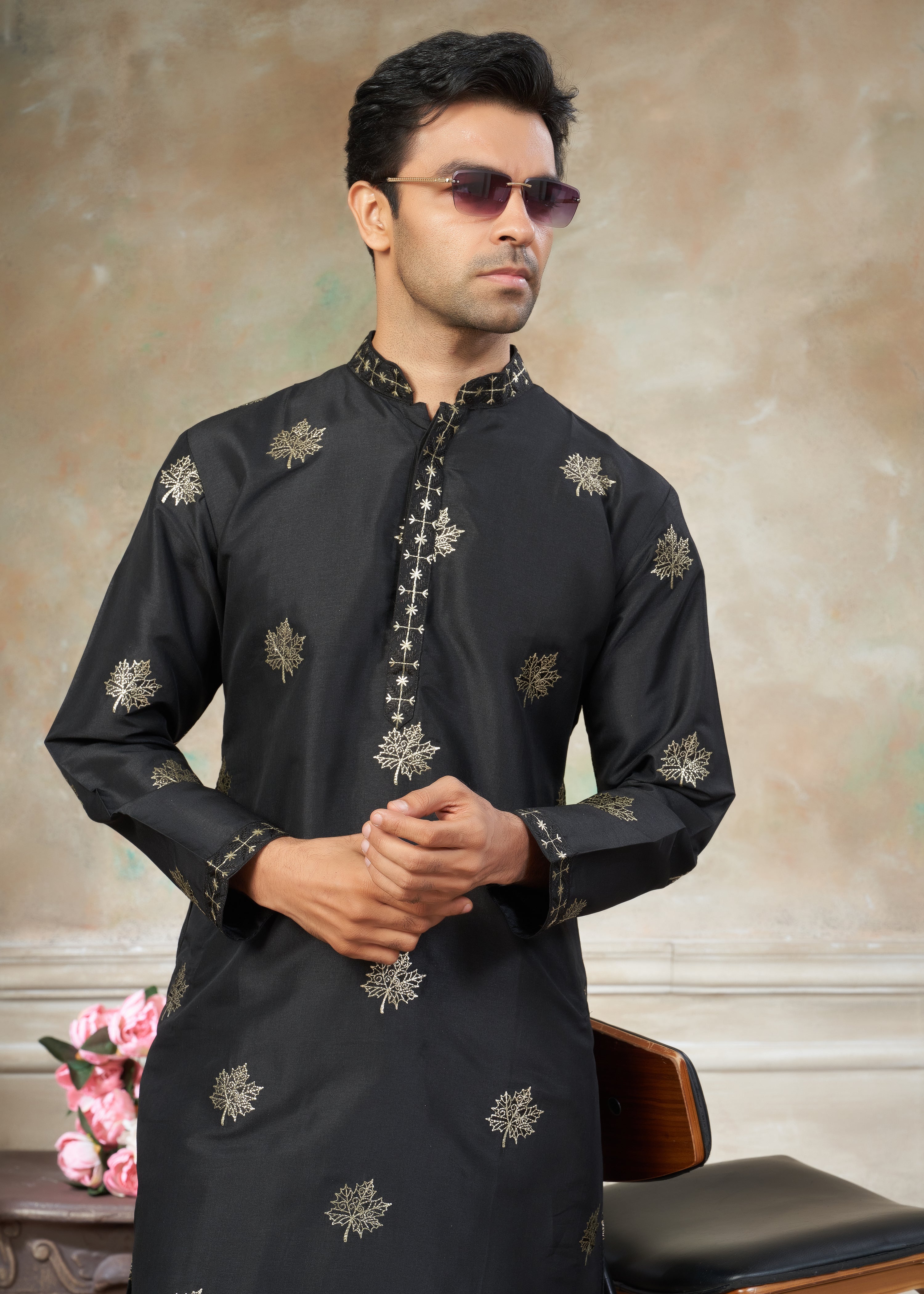 Black color Cotton fabric with embroidery Menswear kurta Pajama 45003