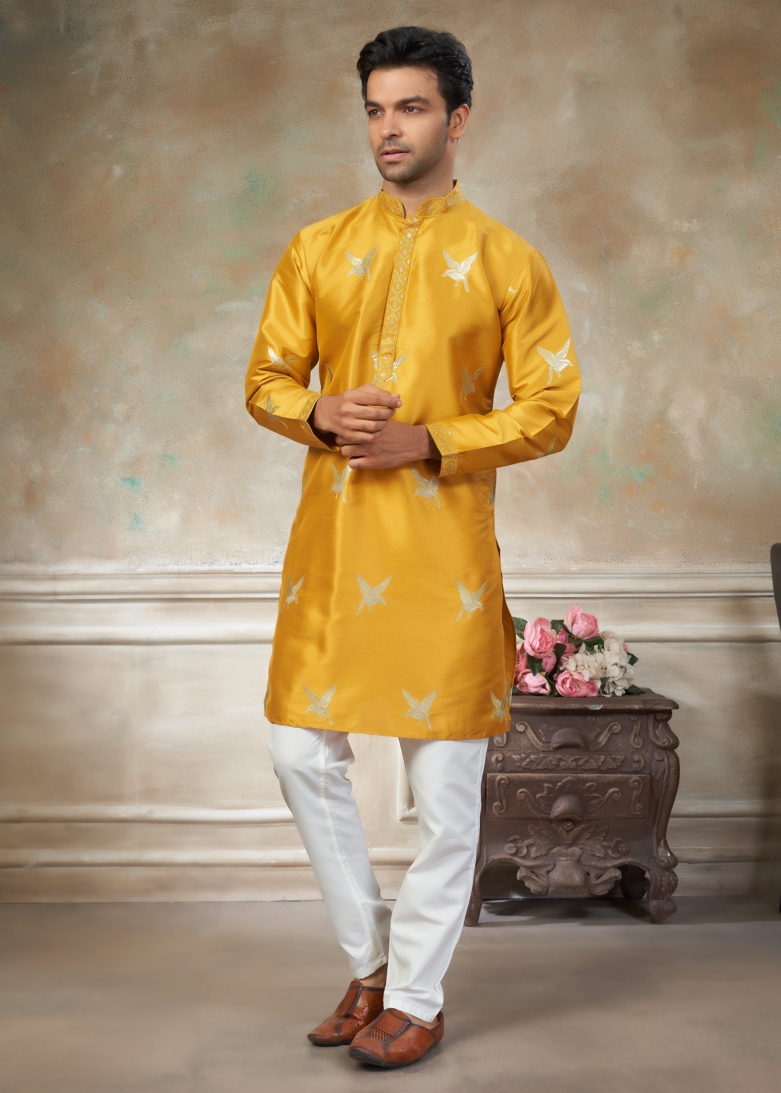 Yellow color Cotton fabric with embroidery Menswear kurta Pajama 45004