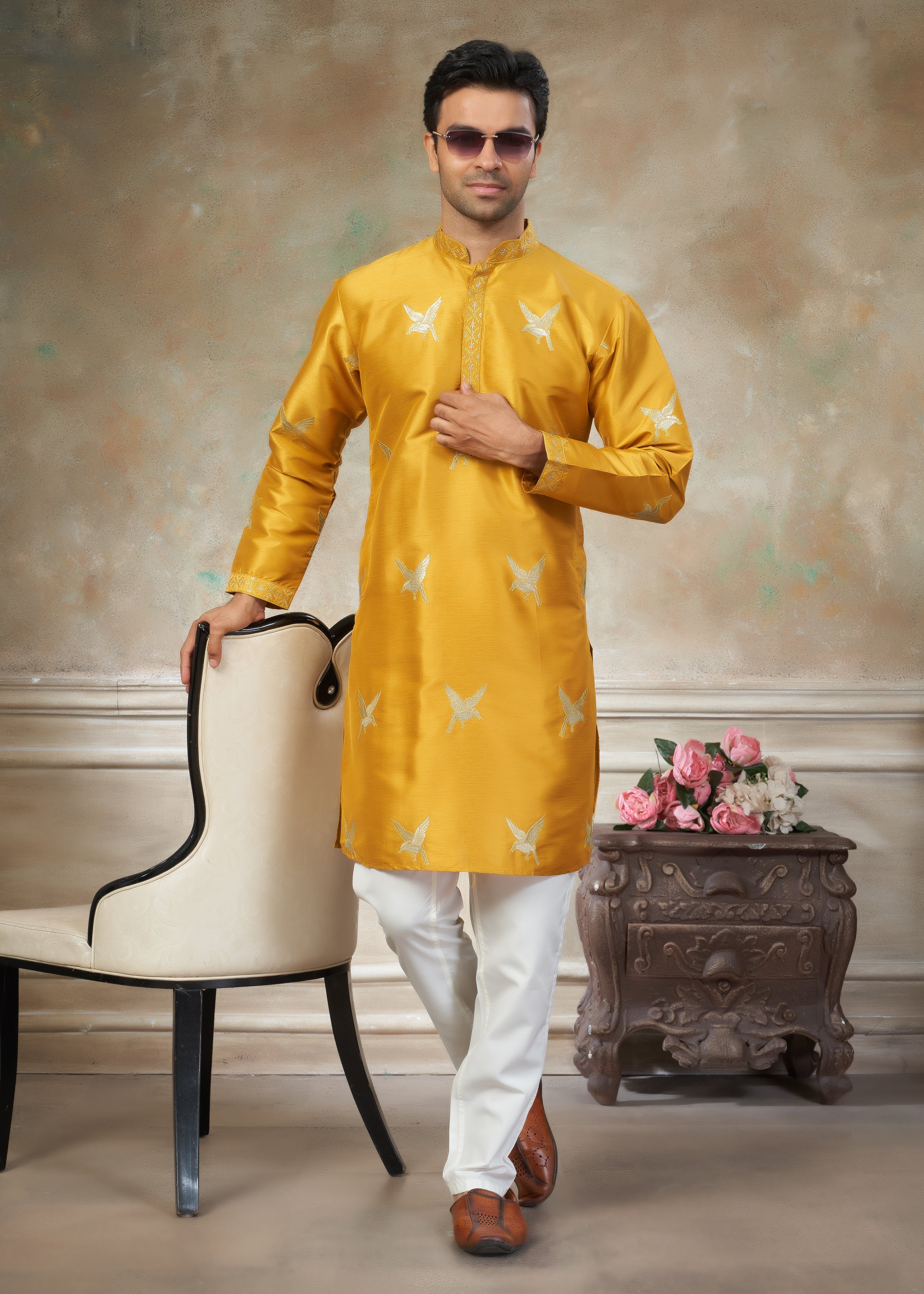 Yellow color Cotton fabric with embroidery Menswear kurta Pajama 45004