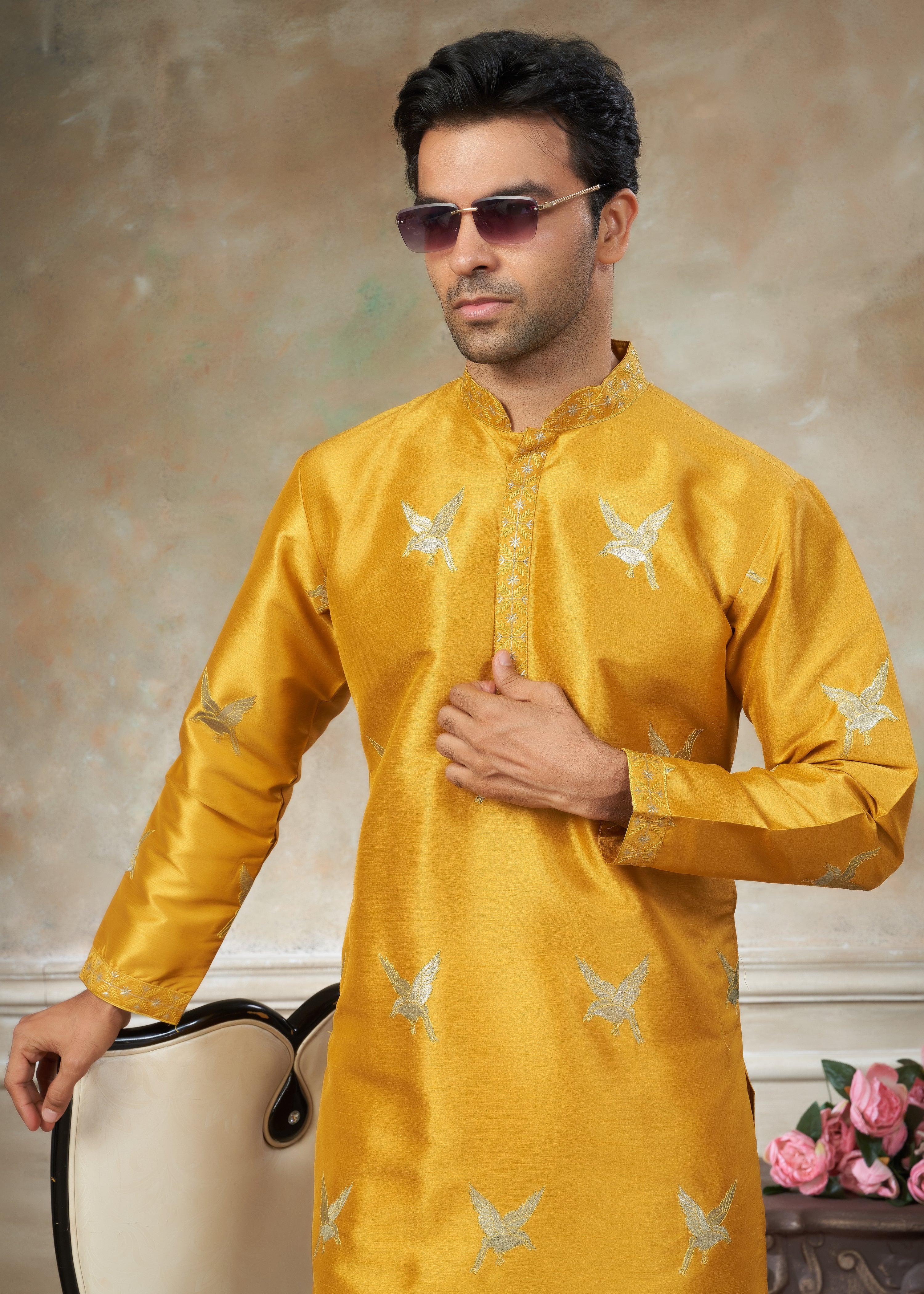 Yellow color Cotton fabric with embroidery Menswear kurta Pajama 45004