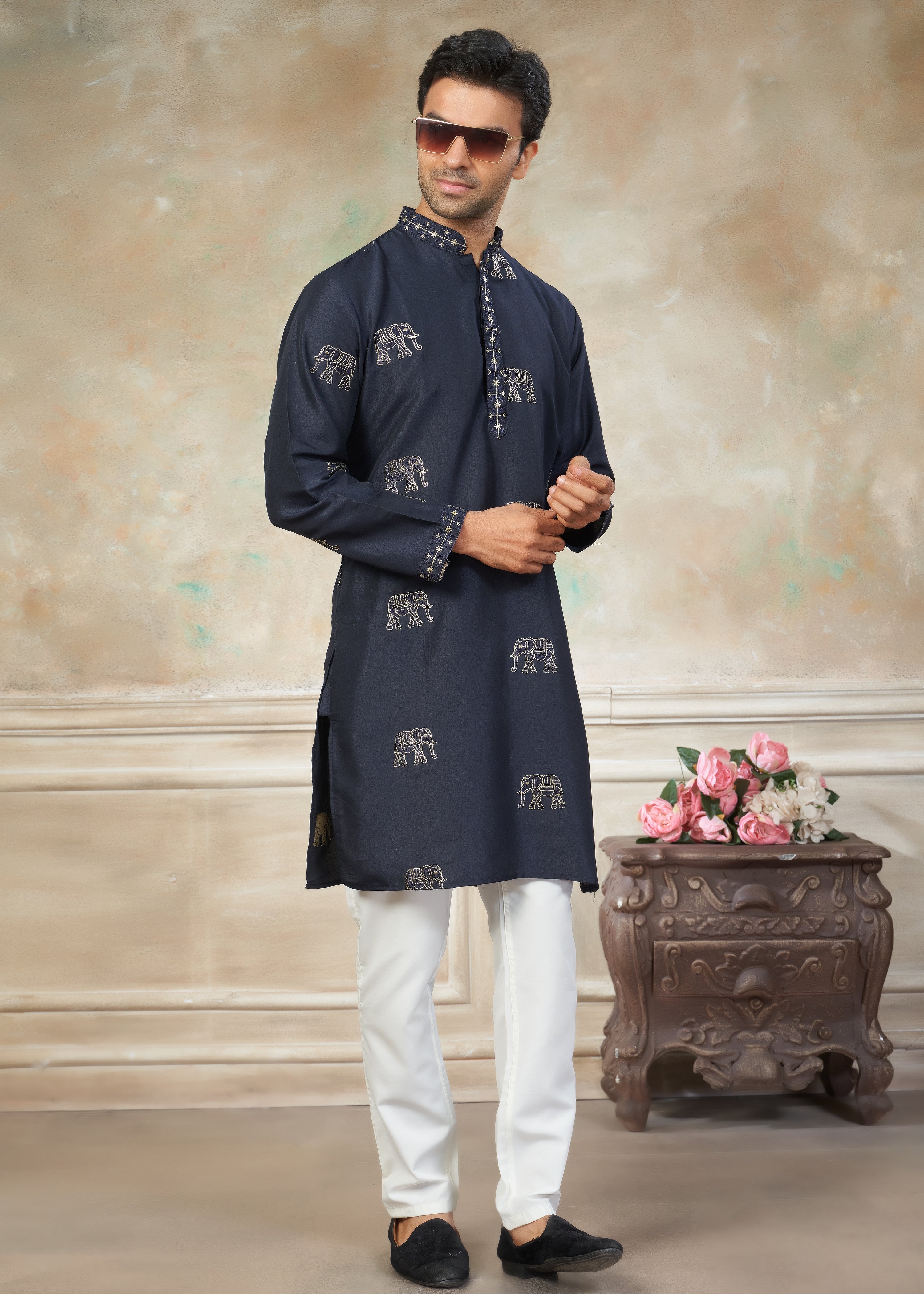 navy blue color Cotton fabric with embroidery Menswear kurta Pajama 45005