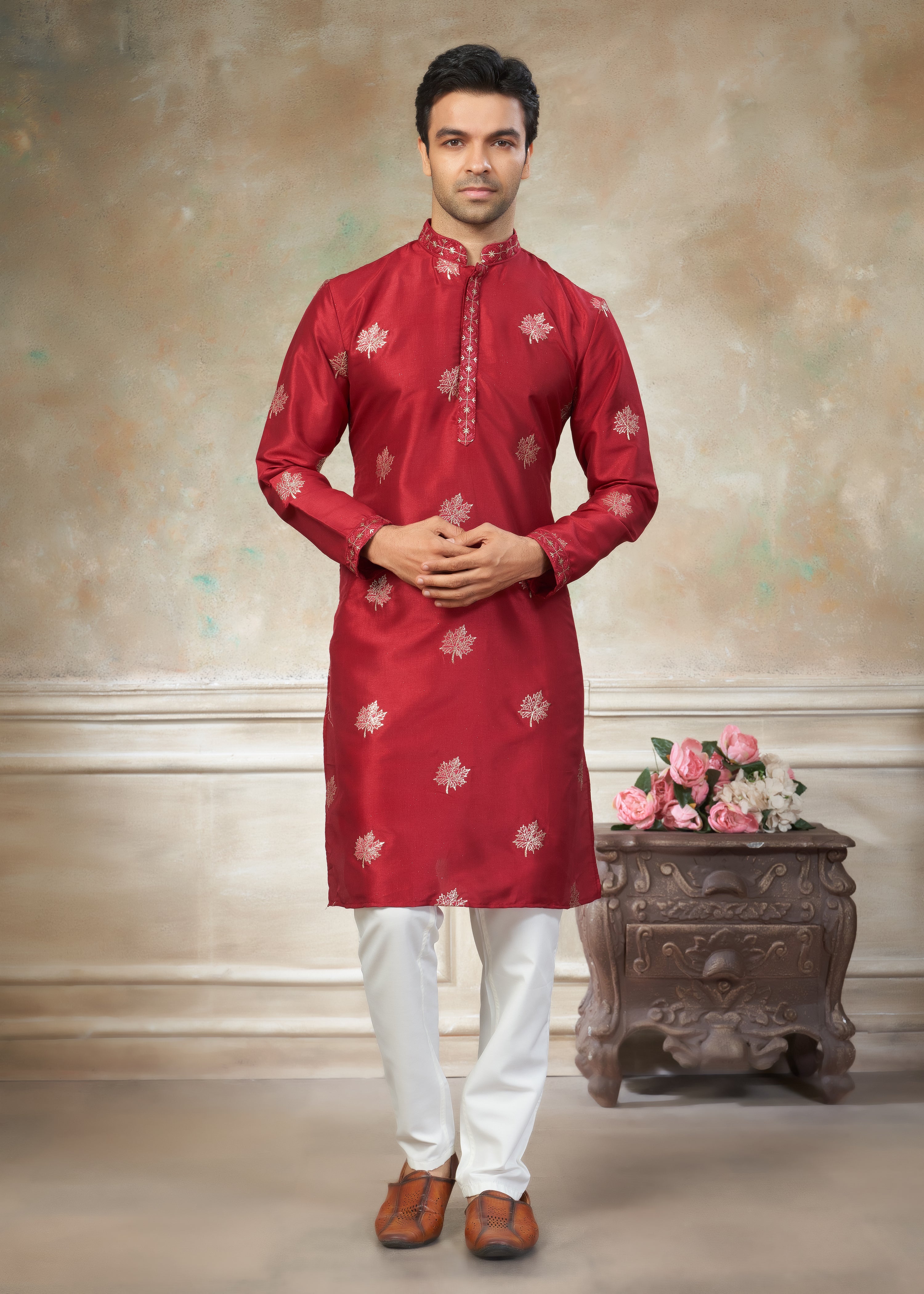 Red color Cotton fabric with embroidery Menswear kurta Pajama 45006