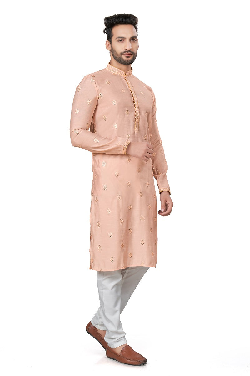 Peach Cotton Silk Mens Kurta Pajama 128004