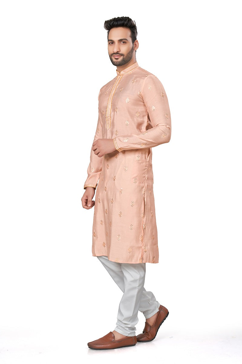 Peach Cotton Silk Mens Kurta Pajama 128004