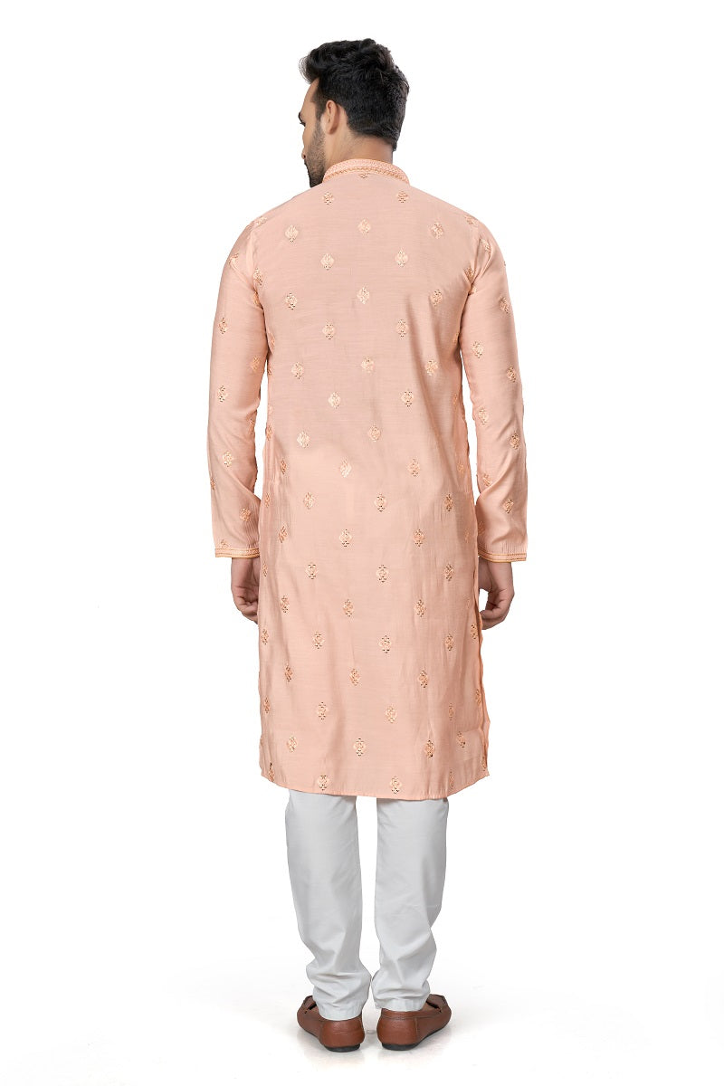 Peach Cotton Silk Mens Kurta Pajama 128004